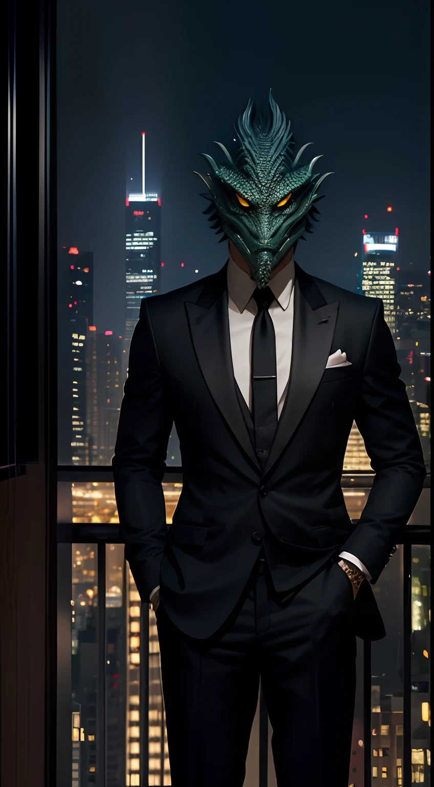basilisk mask creature, smoking cigarettes', black suit, glass of wine, god father style, standing at the balcony, city at night background, skyscrapers, full body, masterpiece, ultra high quality, ultra face detail