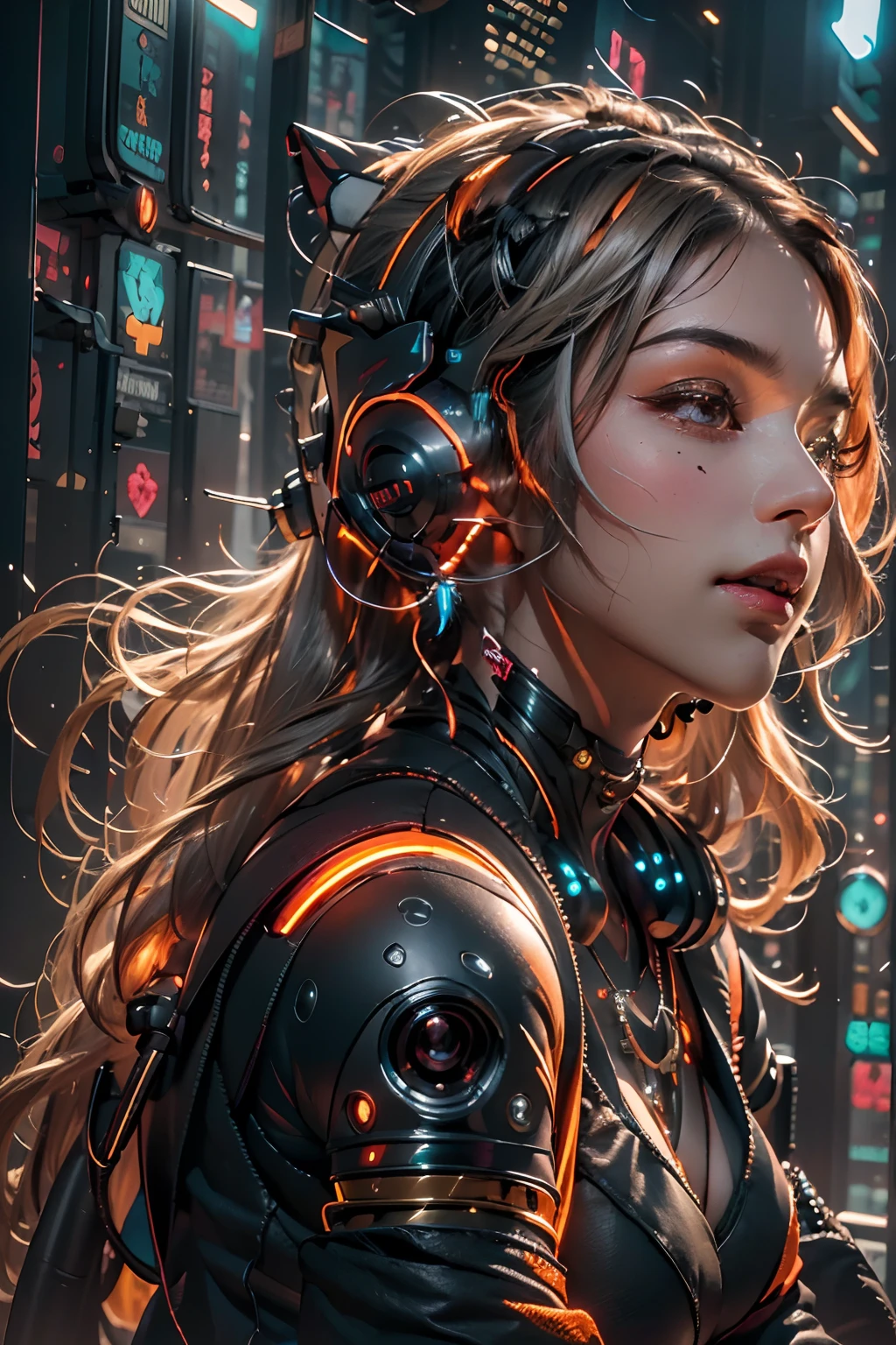 1girll，Perfect facial features，delicated face，(Cyberpunk Personality:1.3)，Bring headphones，Illuminated helmet and headphones，Sparkling Jewelry，glowing earrings，glowing necklace，inside in room，Electron beam background，best qualtiy，tmasterpiece，Video Filter Presets，Cinema-level lighting，C4D Rendering，rendering by octane，with light glowing，((Orange Light))，(full body Esbian:1.5)，Slender Leg，perfect foot，Hykiaroscuro，(lack of light on the face :1.5)