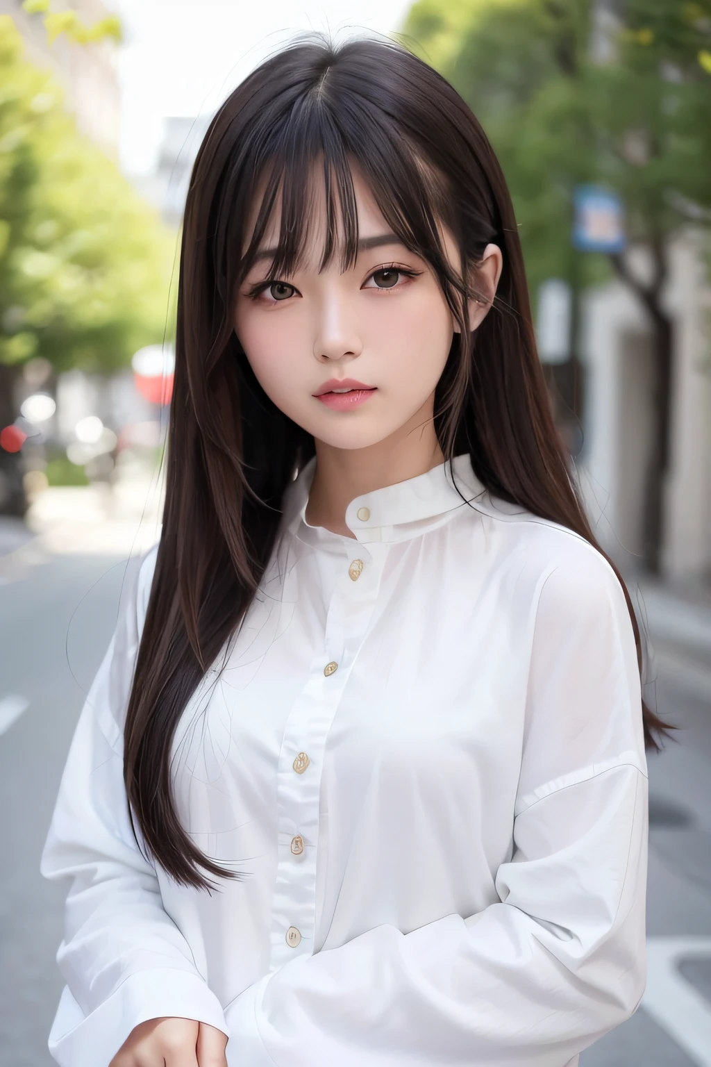 (8K、top-quality、​masterpiece:1.2)、(reallistic、Photorealsitic:1.37)、The ultra-detailliert、女の子1人、23years old、Medium chest、Beautie、Beautiful and perfect face、Natural smile、独奏、holiday、shopping、(Redness of the nose)、(A smile:1.15)、(With mouth closed) 、beautidful eyes、(long:1.2)、Floating hair 、Middle hair、