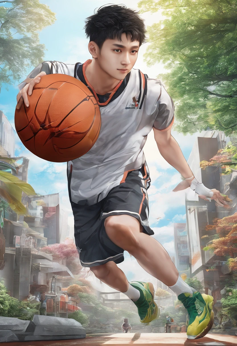 (Best quality,4K,A high resolution,Masterpiece:1.2),basketball player,Sports students,Sports Youth，Chinese handsome,Good-looking facial features,Short chiseled hair,Exposed abs,Fit for a robust body,18yr old,Lie flat on the lawn，The legs are naturally open，Brace your hands behind you，Emoji smile，