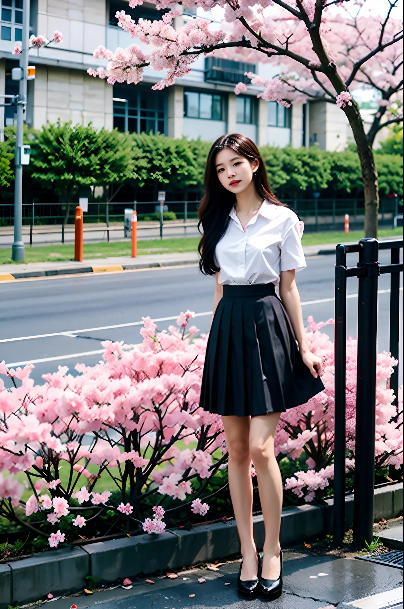 masterpiece, best quality, 1girl, black skirt, branch, building, chain-link fence, cherry blossoms, fence, long hair, outdoors, petals, pleated skirt, rain, shirt, short sleeves, skirt, solo, standing, tree, sky,street