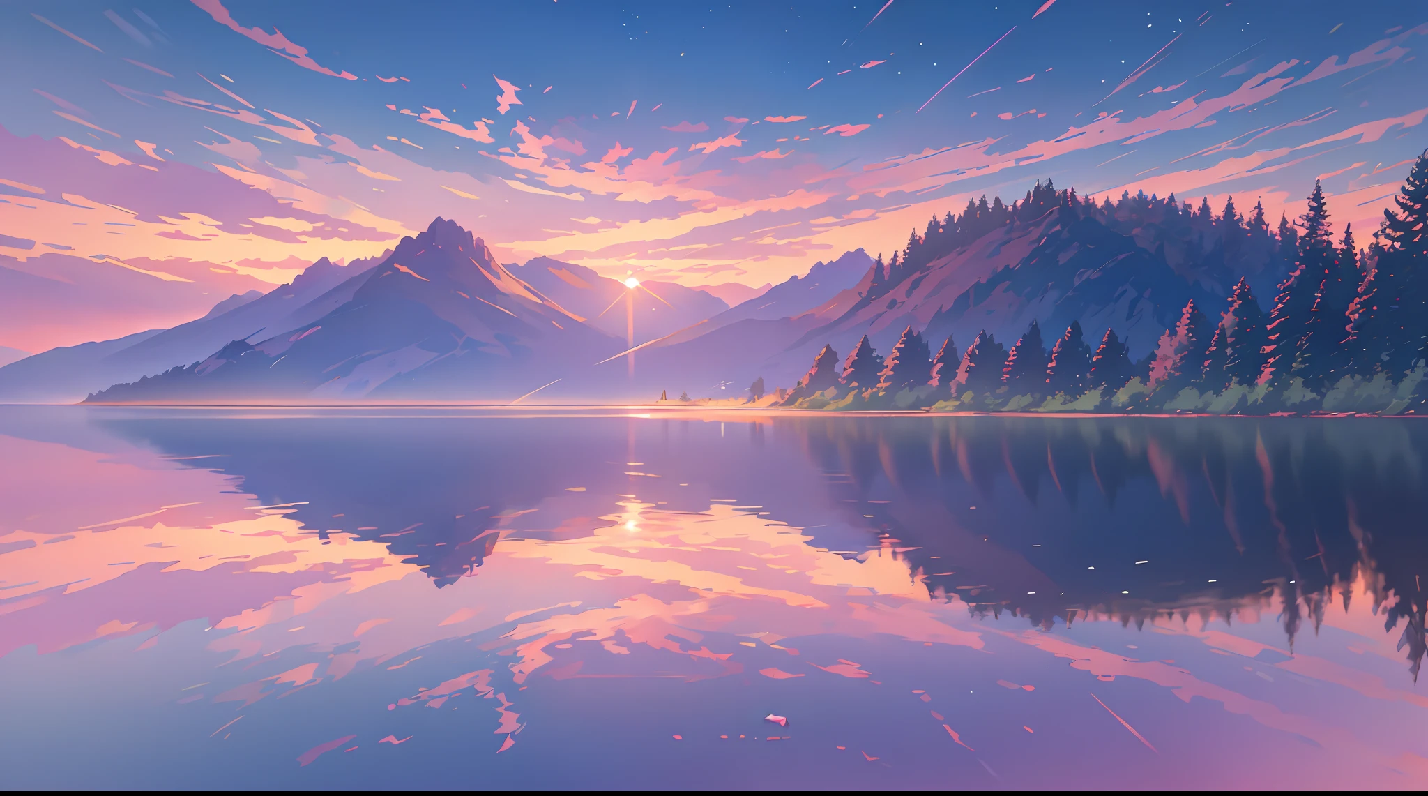 sunset, lake, meadows, sunset, pink sky, stars, clouds, 4k, stunning, sharp, intricate details, (high resolution: 1.5), saturated, rocks in water