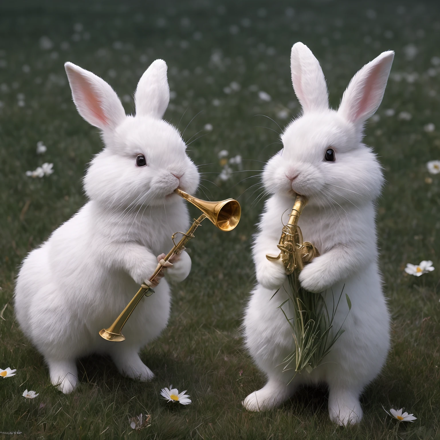 White rabbit, white bunny, hyper realistic, cute, grass, fluffy white bunny, green grass, shining big eyes, cute nose, flowers, bright green grass, sunny, gorgeous sun rays hitting fluffy white fur, white rabbit in the sunlight shining, light green grass, dark green grass, colorful flowers, ultra hd grass, bunny playing a trumpet, white rabbit holding a trumpet, rabbit playing a trumpet, blue, gorgeous vivid colors, realistic, big ears, trumpet to mouth, white rabbit playing a trumpet with it's mouth, four legs, holding trumpet with paws