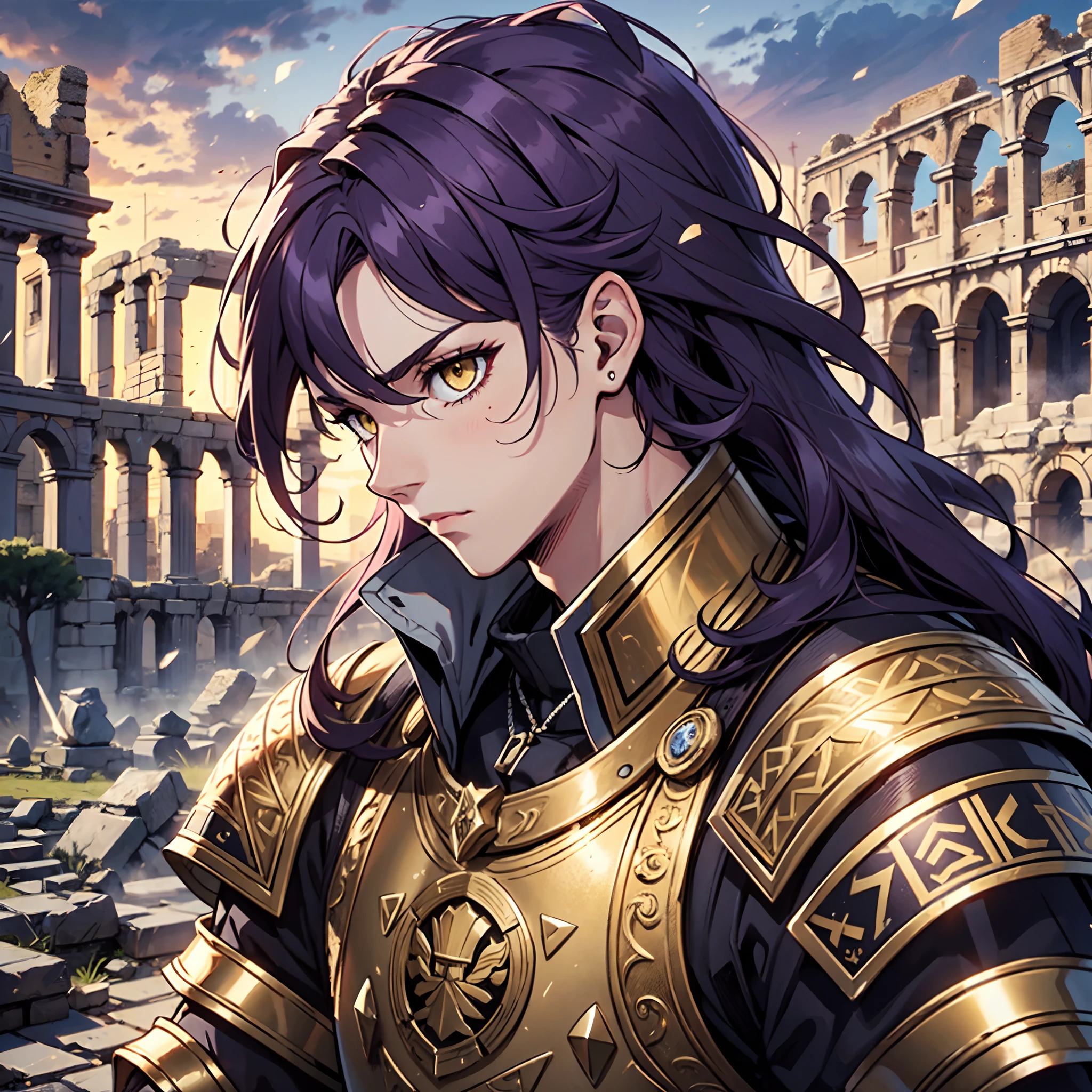 Ultra High Definition,
Ultra High Quality,
Hyper Definition,
Hyper Quality,
Hyper Detailed,
Extremely Detailed,
Perfectly Detailed,
8k,
1 Boy,
Long Purple Hair,
Under Cut Hairstyle,
Solid Yellow Eyes,
Handsome,
Armored With Roman Emperor Armor,
Ancient Roman Empire Ruins Background,