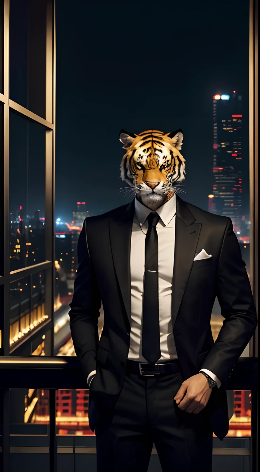 tiger mask creature, smoking cigarettes', smoke, black suit, glass of wine, god father style, standing at the balcony, city at night background, skyscrapers, full body, masterpiece, ultra high quality, ultra face detail