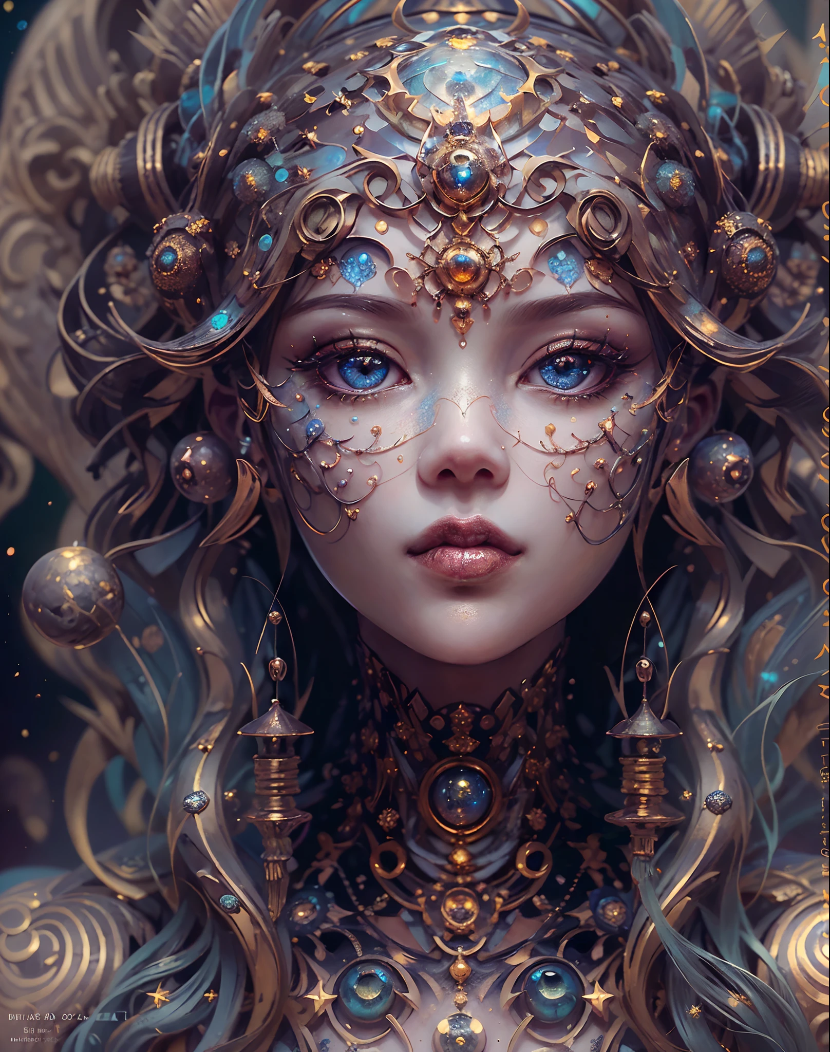 (best qualtiy，ultra - detailed，Most Best Illustration，Best shadow，tmasterpiece，A high resolution，professionalartwork，famousartwork），Eyes focus, Star sparkle particle around, Detailed eyes，beautidful eyes，closeup cleavage，sci-fy，colored sclera，Robot eyes，face markings，Tattooed with，（fractalized，Fractal eyes），largeeyes，Wide eyes，（Eye focus），sface focus，Cosmic eyes，Space eyes，Close-up of metal sculpture of a woman with a moon in her hair，goddes。extremly high detail，3 d goddess portrait，Extremely detailed footage of the goddess，a stunning portrait of a goddess，Side image of the goddess，portrait of a beautiful goddess，Full body close-up portrait of the goddess，hecate goddess，portrait of a norse moon goddess，goddess of space and time, sea art 2.1, goddess sea art 2.1, texture masterpiece, super detail, most perfect lighting, Asian Skin Tone