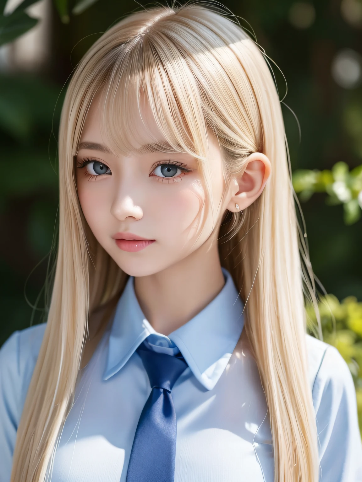portlate、School Uniforms、bright expression、poneyTail、Young shiny shiny white shiny skin、Cheek highlights、Best Looks、Crystal clear blonde hair with dazzling highlights、Super long silky straight hair、Beautiful hair shiny with hair treatment、very beautiful long bangs、Big eyes of pale light blue like shining jewels、Very beautifully、Lovely and、The most beautiful and cutest 16-year-old girl in the world、Lush bust