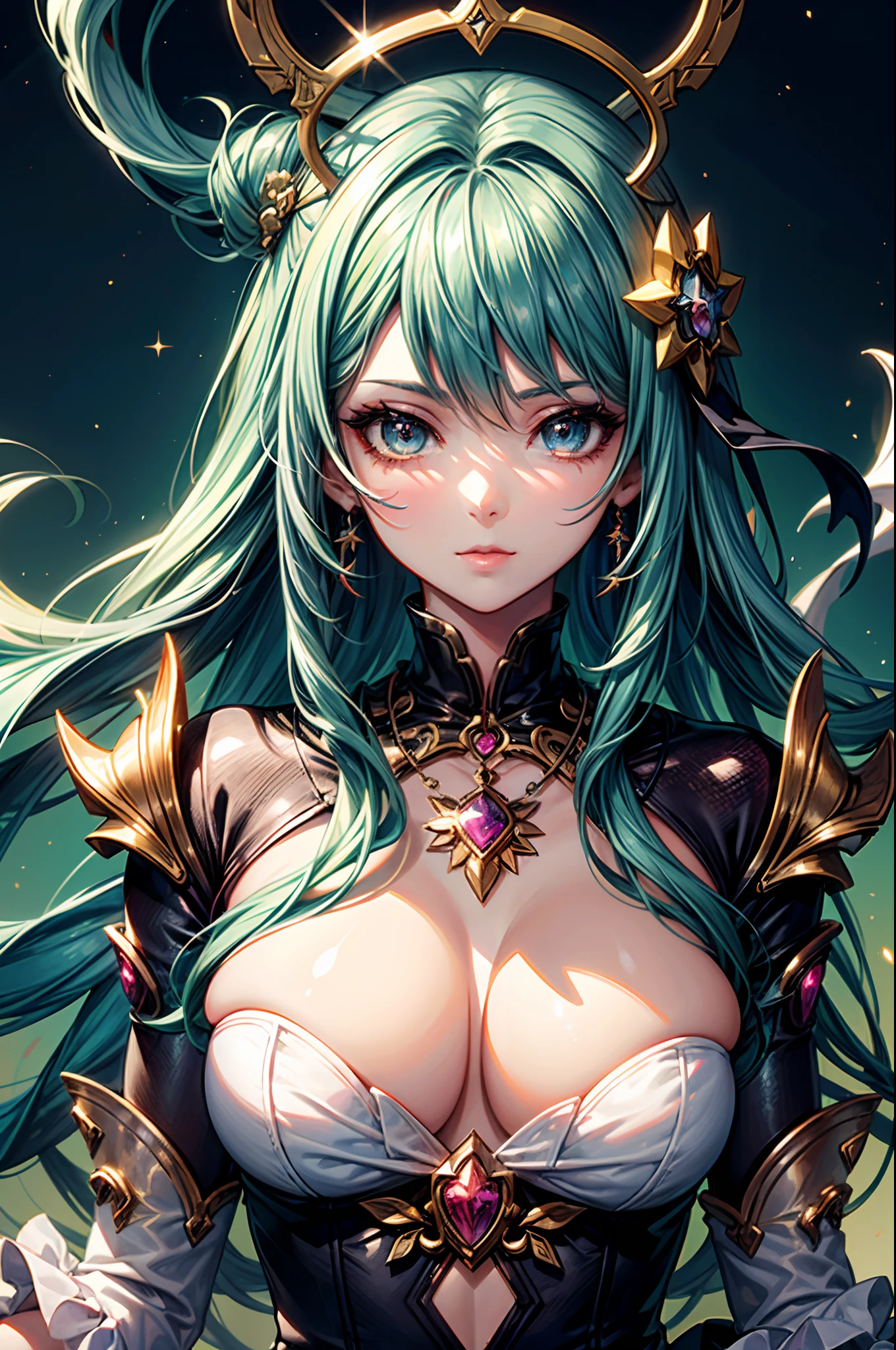 Close-up of a woman with colorful hair and necklace, anime girl with cosmic hair, soft vitality of Rossdraws, artwork in Guvez style, fantasy art style, colorful], vibrant fantasy style, Rossdraws cartoon full of vitality, universe and colorful, Guweiz, colorful digital fantasy art, stunning art style, beautiful anime style, white skin, Hulk clothes