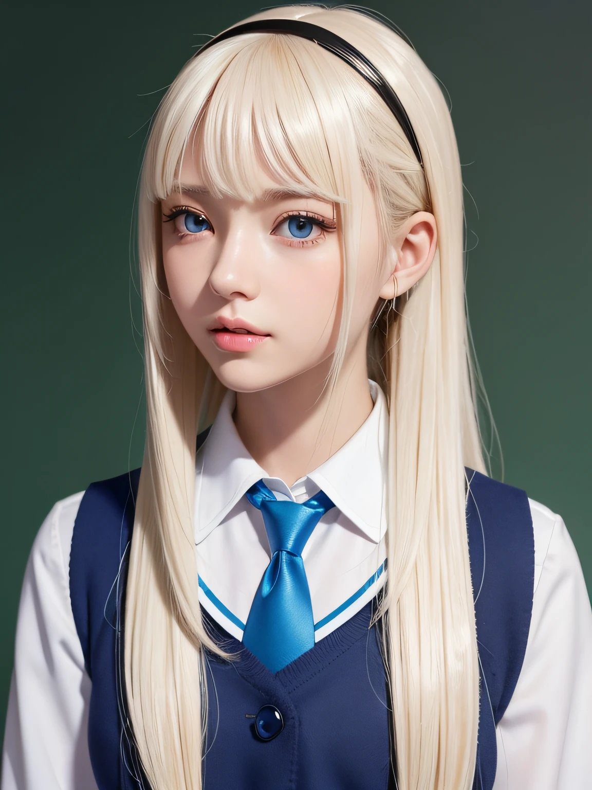 portlate、School Uniforms、bright expression、poneyTail、Young shiny shiny white shiny skin、Best Looks、Platinum blonde hair with dazzling highlights、shiny light hair,、Super long silky straight hair、Beautiful bangs that shine、Glowing crystal clear attractive big blue eyes、Very beautiful nice cute 16 year old girl、Lush bust