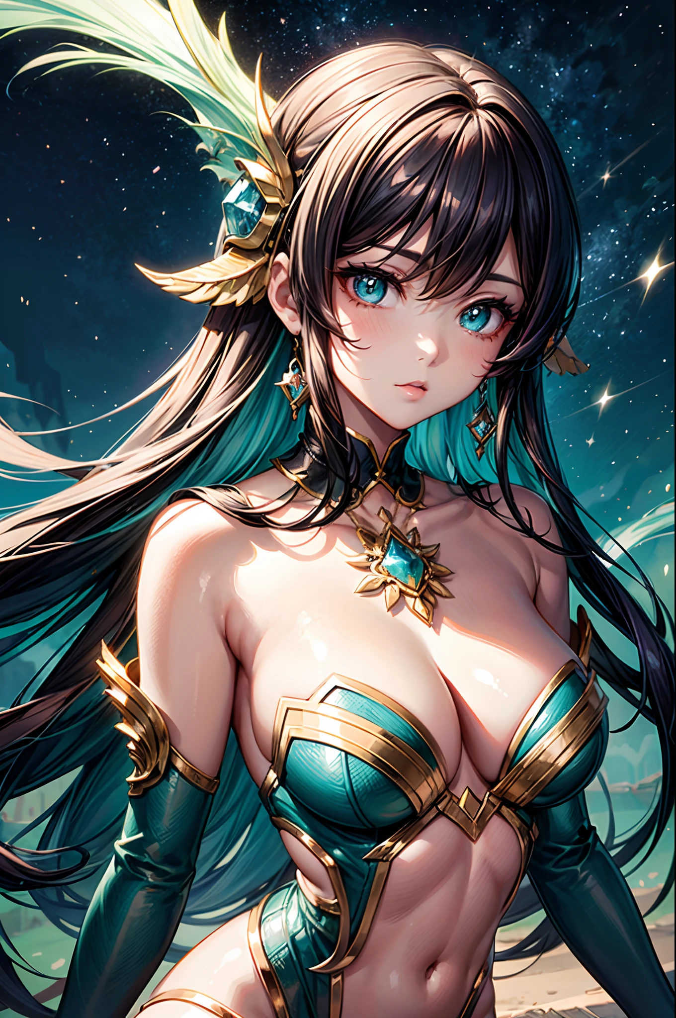 Close-up of a woman with colorful hair and necklace, anime girl with cosmic hair, soft vitality of Rossdraws, artwork in Guvez style, fantasy art style, colorful], vibrant fantasy style, Rossdraws cartoon full of vitality, universe and colorful, Guweiz, colorful digital fantasy art, stunning art style, beautiful anime style, white skin, Hulk clothes