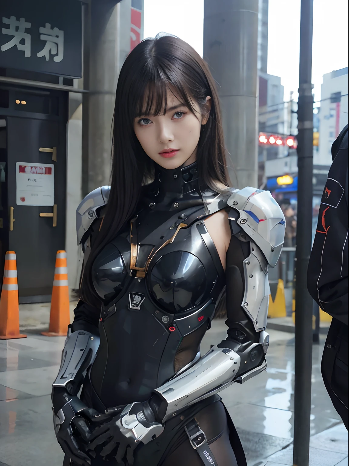 (Fight against mechanical robot soldiers)、top-quality、masterpiece、超A high resolution、(sexypose),(Wearing a futuristic sun visor)、(Photorealsitic:1.4)、Raw photo、女の子1人、Black hair、glowy skin、((1 Mechanical Girl))、((super realistic details))、portlate、(Small LED lamp)、Wire tubes that glow all over the body、globalillumination、Shadow、octan render、8K、Armpit、ultrasharp、Colossal tits、Small LED lamp、Raw skin is exposed in cleavage、metals、blood vessels connected to tubes、With weapons、Red bodysuit、Armpit、Cyberpunk city background、Details of complex ornaments、Japan details、highly intricate detail、Realistic light、CGSoation Trends、Blue eyes、radiant eyes、Facing the camera、neon details、(Helmet of the Brave)、Mechanical limbs、blood vessels connected to tubes、Mechanical vertebrae attached to the back、mechanical cervical attaching to neck、Wires and cables connecting to the head、Gundam、Small LED lamp、Toostock、Toostock、