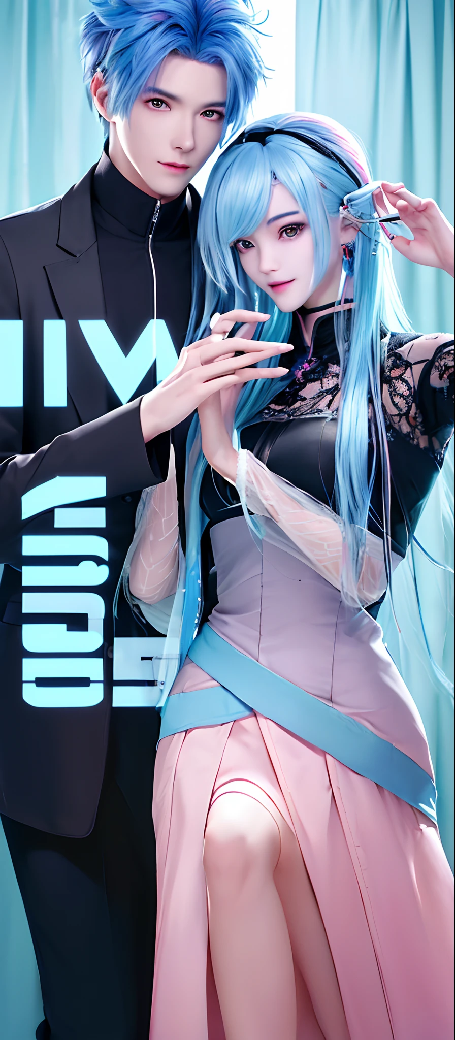 ((Male and female couples)), window, Idol Photos, Magazine covers, Photos of actors, Professional Photos, Height difference, tall male, Happiness, youthfulness, extra detailed face, detailed punk hair, very detailed character, inspired by Sim Sa-jeong, Cai Xukun's, detailed realistic faces, highly detailed realistic face, high detailed face anime, realistic detailed face, Accurate detailed face, attractive androgynous humanoid, Cool Korean fashion in black, ((With a man with light blue hair)), ((Woman with pink hair)), ((Woman with long hair below waist)), ((Man with short hair over ears)), ((Pink hair woman with gentle expression)), ((Man with light blue hair with wild expression)), high-level image quality, masterpiece, Photographed so that the whole body can be seen, Photographed to make clothes look beautiful, Take your eyes off, ((two individuals)), ((British couple))