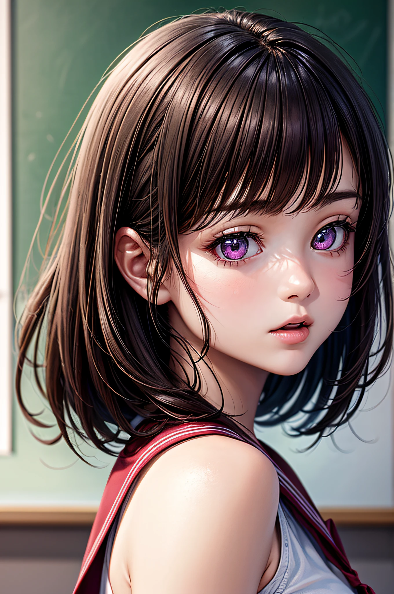 ((1girl in)), ((Best Quality)), (Ultra-detailed), (extremely detailed CG unified 8k wallpaper), Highly detailed, High-definition raw color photos, Professional Photography, Brown hair, Amazing face and eyes, Pink eyes, (amazingly beautiful girl), School, classroom,
