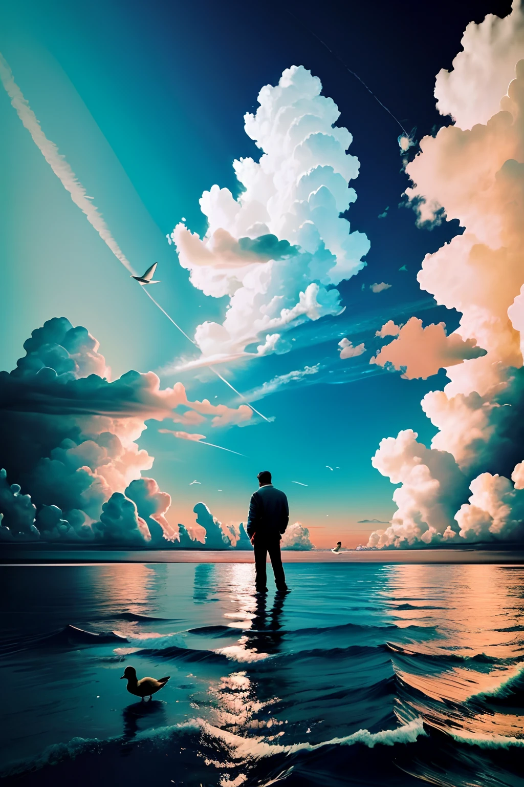 Man standing on the water,Look up from the ground,Look up,The sky is dumping,The sky is the ocean,There are ducks floating in the sky,The water of the sky hangs from the edge of heaven and earth,illustration,It's more real