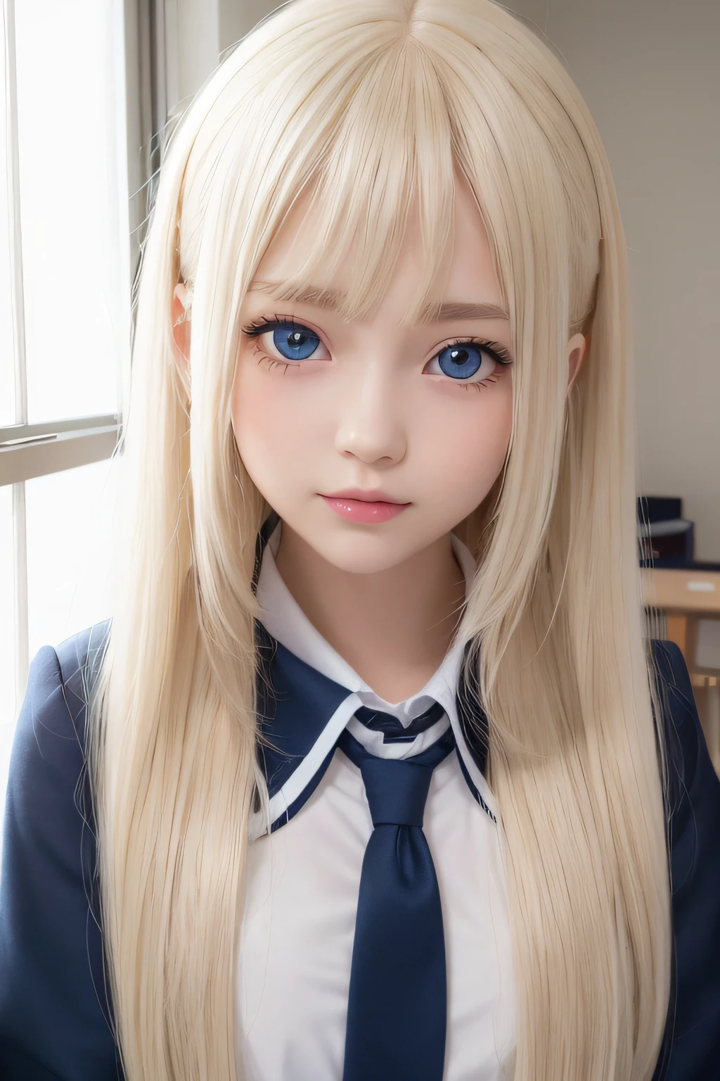 portlate、School Uniforms、bright expression、poneyTail、Young shiny shiny white shiny skin、Best Looks、Blonde reflected light、Platinum blonde hair with dazzling highlights、shiny light hair,、Super long silky straight hair、Beautiful bangs that shine、Glowing crystal clear attractive big blue eyes、Very beautiful nice cute  girl、Lush bust