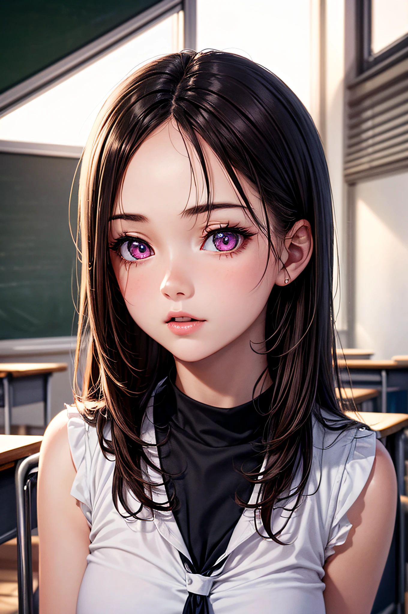 ((1girl in)), ((Best Quality)), (Ultra-detailed), (extremely detailed CG unified 8k wallpaper), Highly detailed, High-definition raw color photos, Professional Photography, Brown hair, Amazing face and eyes, Pink eyes, (amazingly beautiful girl), School, classroom,