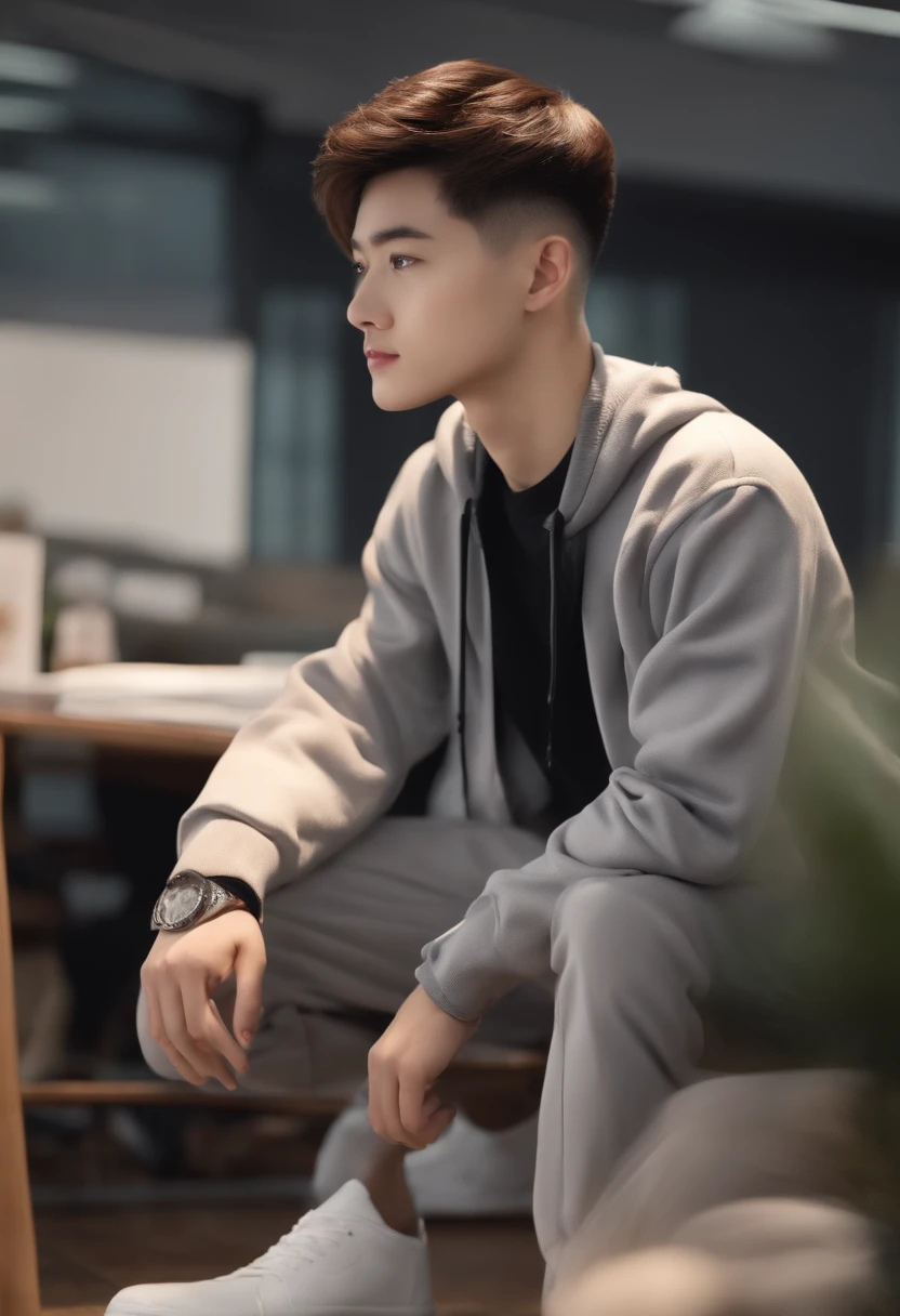 Best quality,4K,8K,A high resolution,Masterpiece:1.2),Ultra-detailed,(Realistic,Photorealistic,photo-realistic:1.37), Teenage uncensored, Squats, Gray sports trousers,track suit， Classroom Background, Handsome Chinese boy, Slim and tall figure, Long legs, Crew cut, Good-looking facial features, Detailed eyes, Detailed lips，The crotch is protruding，Crisp short hair，Young and energetic，Be cheerful with a smile，The face shape is soft，Sunny and handsome，Pure eyes，Sharp inches，Hands naturally lowered
