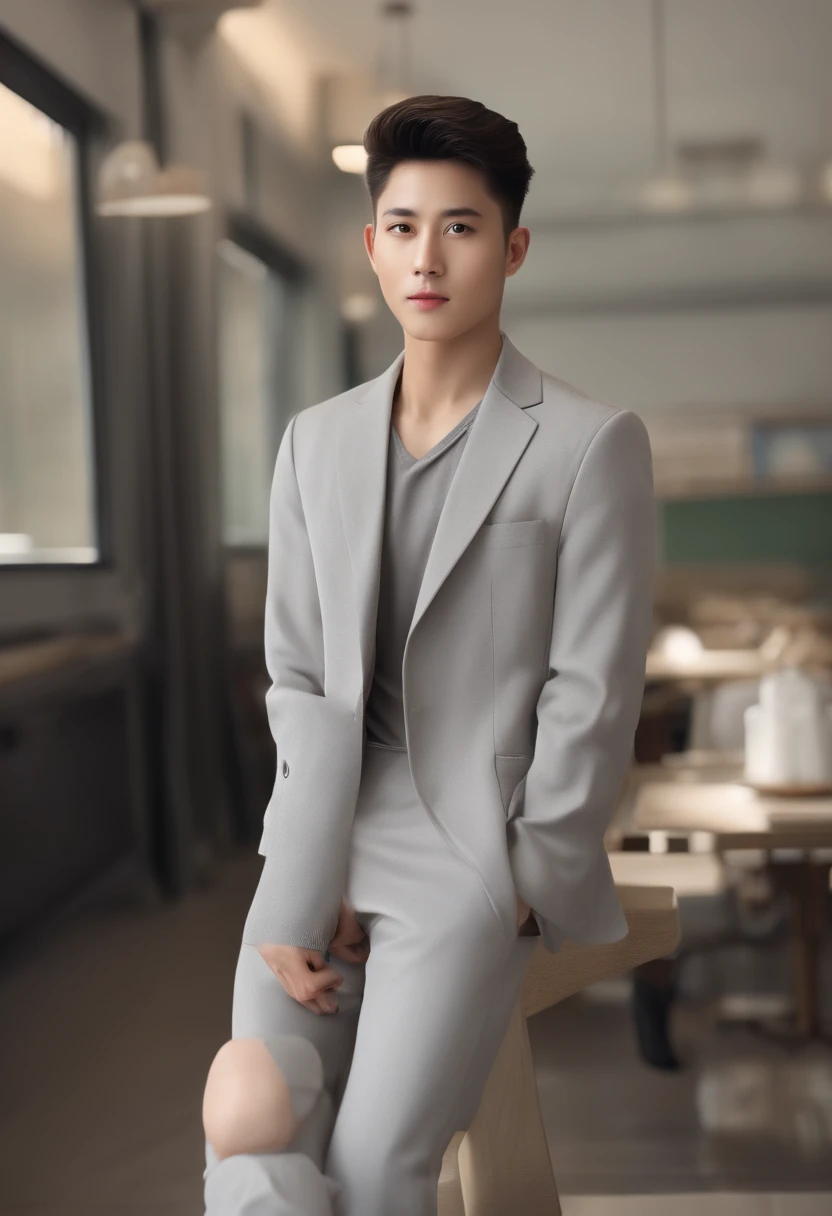 Best quality,4K,8K,A high resolution,Masterpiece:1.2),Ultra-detailed,(Realistic,Photorealistic,photo-realistic:1.37), age uncensored, Squats, Gray sports trousers,track suit, Classroom Background, Handsome Chinese boy, Slim and tall figure, Long legs, Crew cut, Good-looking facial features, Detailed eyes, Detailed lips,The crotch is protruding,Crisp short hair,Young and energetic,Be cheerful with a smile,The face shape is soft,Sunny and handsome,Pure eyes,Sharp inches,Hands naturally lowered