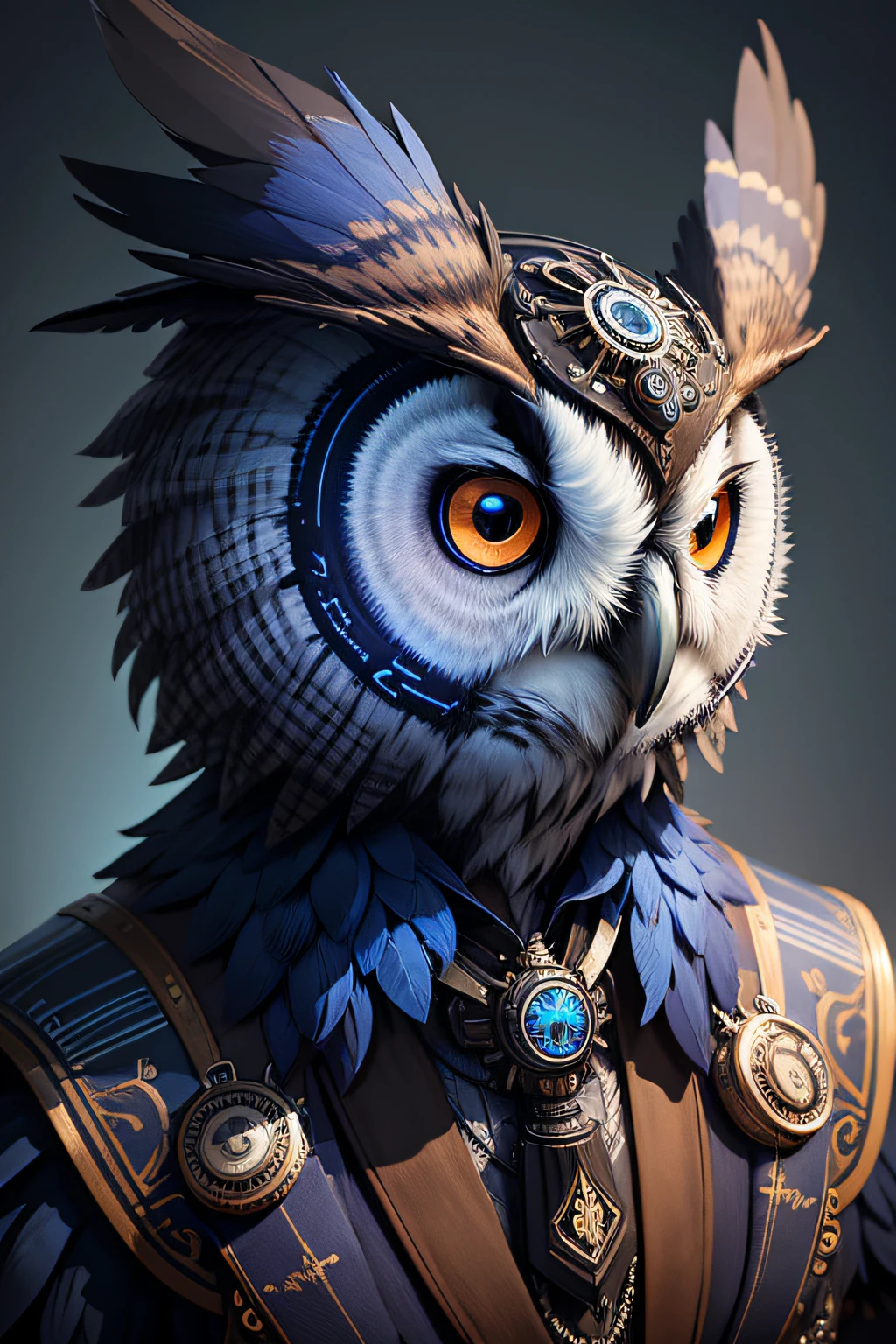 Portrait of an owl, steampunk, indigo blue, colorful, illustration, highly detailed, simple, smooth, and clean vector, no jagged lines, vector art, smooth, made all with grey colored gears inspired by future technology