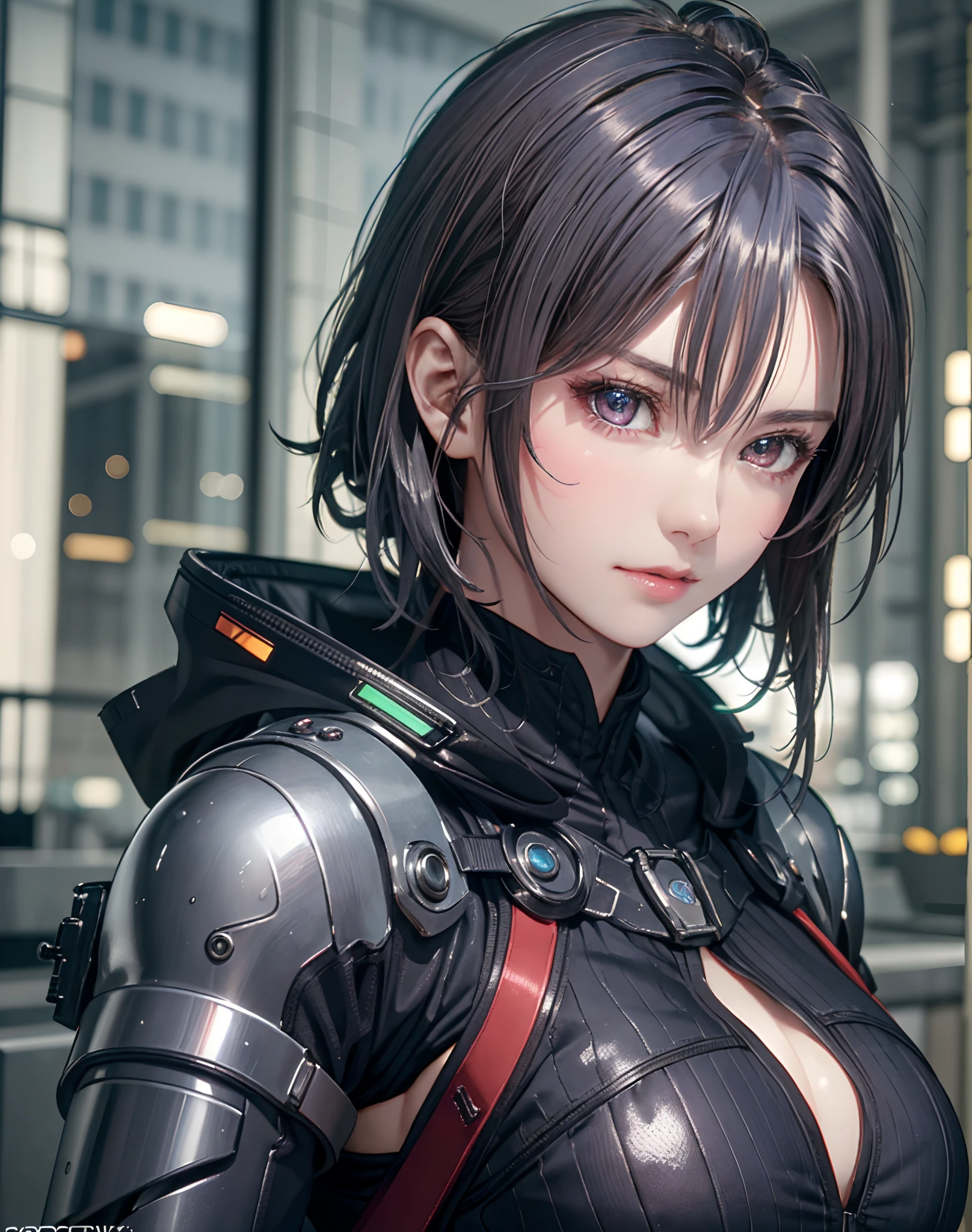 (8K, Photorealistic, Raw photo, of the highest quality: 1.3), (1girl in), Super beautiful, (Realistic face), (boyish, Silver Color Berry Shorthair), Beautiful cyberpunk suit, Glare that captivates the viewer, Beautiful expression, Beautiful breasts, (Realistic skin), Beautiful...