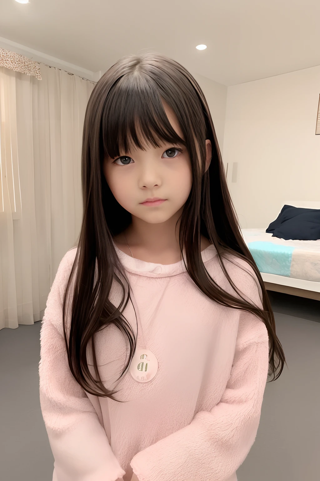 Realistic painting、1girl in、Gamine、teens girl、、kids、child、Low Teeddlerenile、a baace、Gwth period、the skin year old、Kamimei、being thin、Luxury、The lh of the hair on the left and right sides is the same、childs room、blur backgroun、undergarment、Fashioel Pose、