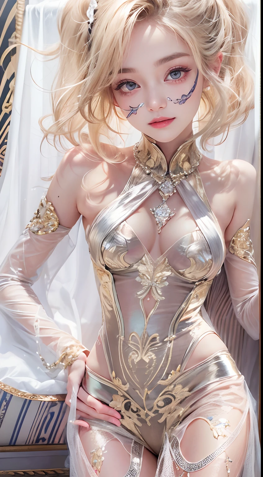 1girl,(enhanced quality: 1.4),(Top quality real textured skin), Delicate face, Light blonde hair, Petite body,(Perfect body: 1.1), There are pills gem on forehead, Sparkling pupils, long eyelashes, grin, super optical, Cinematic lighting, inner projection, surrealism, hyper HD, Masterpiece, 16k,Lie down,dream top,Wearing transparent silk pajamas,Carmelto,Legs slightly open,Tattoo with,Virtual space,Luxury space