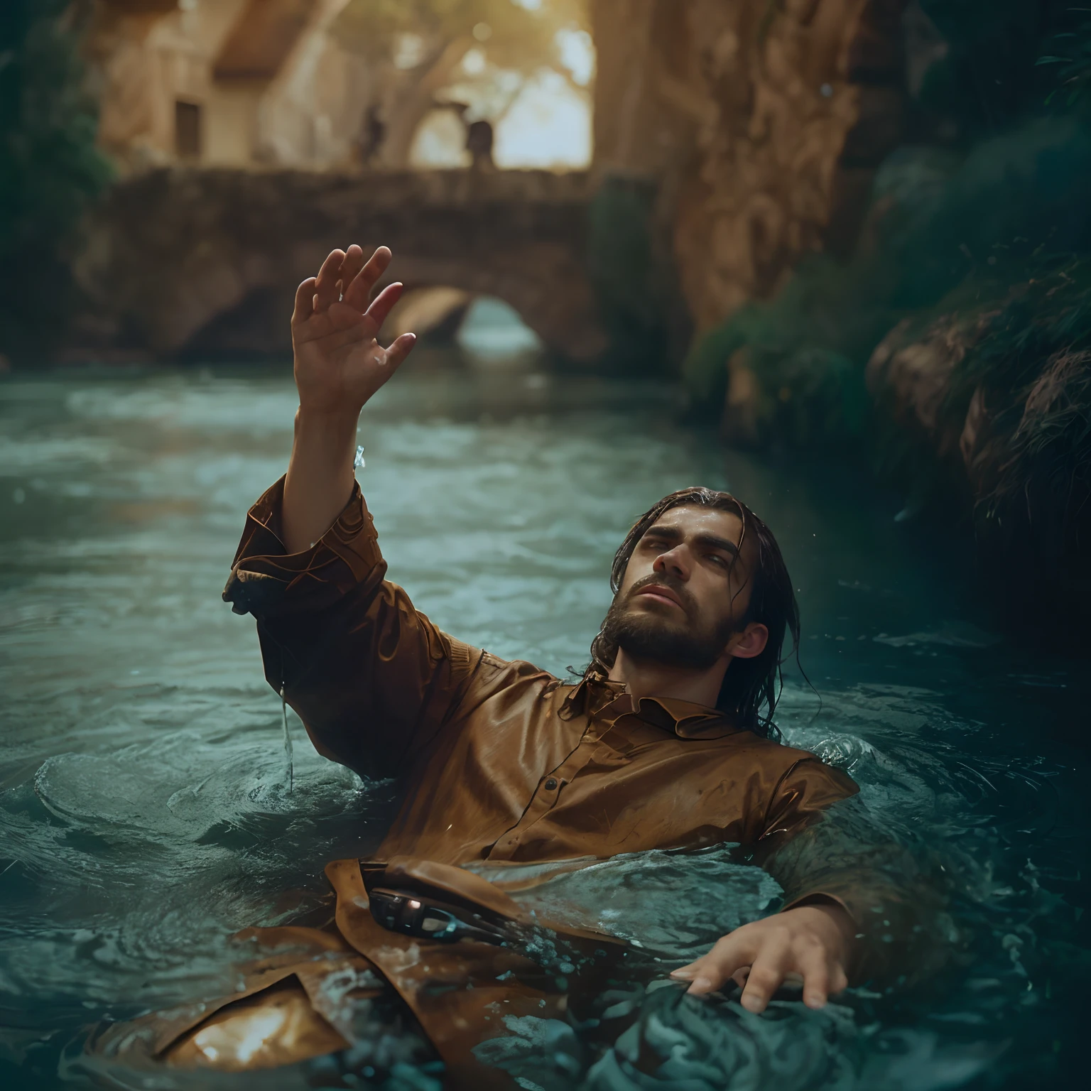 Jesus is floating in the water with his hands up, alessio albi, Afogamento, Jesus walking on water, afogado, fotografia de fantasia realista, character is half in the water, water manipulation photoshop, Directed by: Matthias Weischer, floating in water, Foto vencedora do concurso Unsplash, submerged in water, Bussiere Rutkowski Andreas Rocha, Fotografia Alexey Gurylev