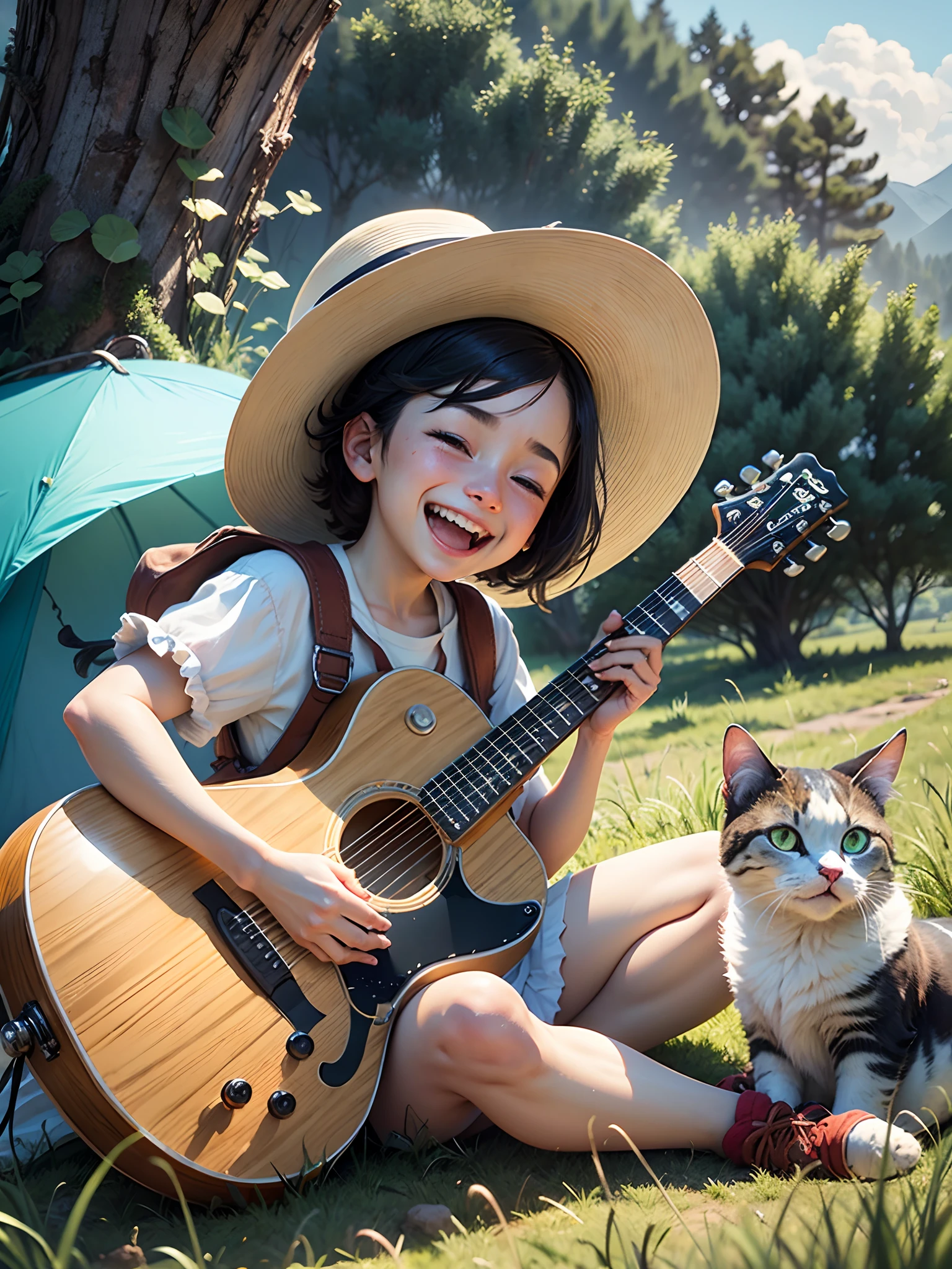 Octane render, Soft lighting, Close-up, Symmetrical portrait, Clear features, Laughing child wearing a white cute hat and a cute cat, Playing guitar in the rural summer, Clean blue sky, Tent, Grass and hills, Green, Nature, Pixar style 3d character, Studio Ghibli and Inoue Takehiko --auto --s2