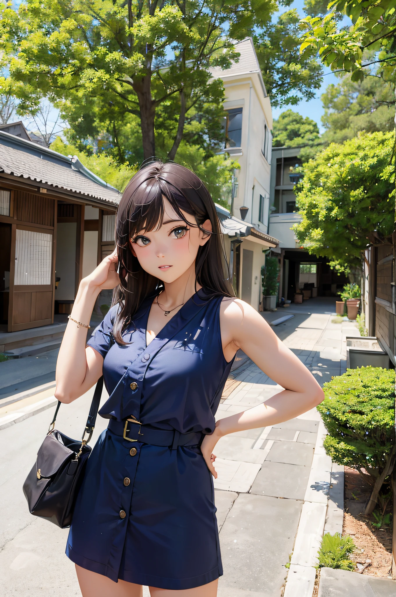 1 female,18 year old,smile:1.3,(BLACK eyes:1.3),((8K,masterpiece,Perfect ???????)),Cowboy Shot,(Beautiful and exquisite face and eyes,gorgeous eyes:1.3),
BREAK ,Black Hair:1.3,bangs, BREAK ,smile,blush,Small breasts、BREAK 、Tokyo street、((Background blur)),((White dress))、french braid,Street Snap、