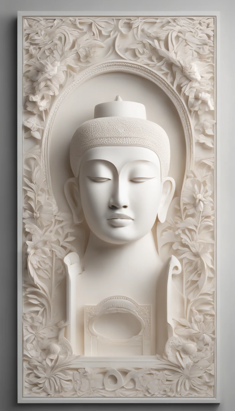 3D white frame, relief rounded frame, no object on the center of the frame, blank frame content, meticulously carved, white ivory carving, minimalistic, white spaces, javanese illustration on circled blank backgound, pastel, javanese style, blank background, multidimensional paper fog crafts, paper illustration, portrait angle view, surabaya, 8k,chick, elegant, satisfying, forrestrial, high resolution, 8k