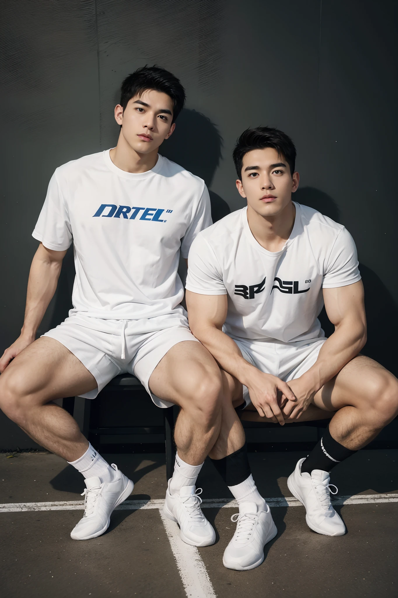 2 Young people，Handsome，musculous，hairy bodies，athletic sneakers，White  socks，White sports shorts（Detailed eyes：1.3），Black eyes，full bodyesbian，