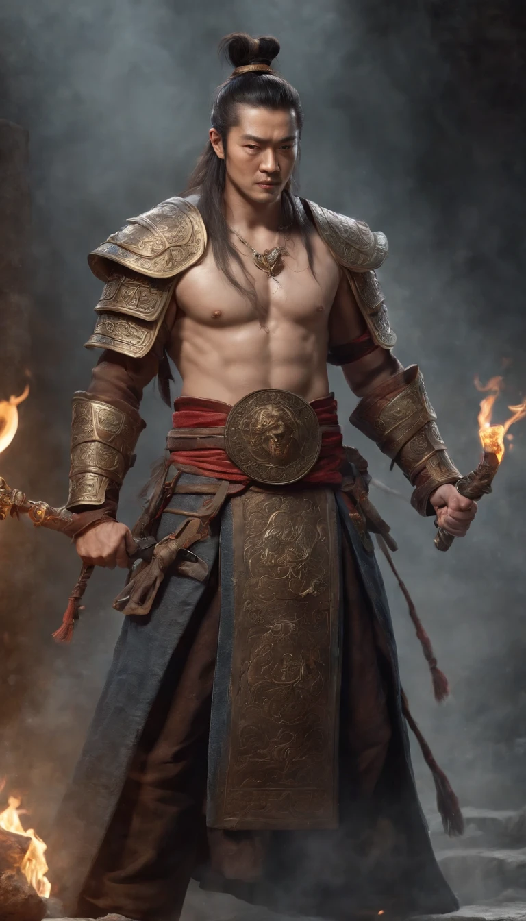 Candlelight in a medieval setting, super sharp focus, realistic lens, Medieval women's clothing, Four colors(Scar:1.4), ((best qualtiy, tmasterpiece:, 1.3)), Focus:1.2, perfect bodies, Highly detailed facial and skin texture, A detailed eye, (Open-mouthed:1.3), Official art under a blue sky, (Ultra-detailed CG unified 8K wallpaper), Stand in the sky, Pure background, 1 man,A man with 3 heads and 6 arms，Ancient Chinese mythological figures，wearing ancient Chinese armor， ((face))), Young and handsome face, HD face, [(The facial details are frightening:1.2):0.2]:full bodyesbian, standing on your feet, Slaughtered fangs, horror fantasy art, author:Alexi Bricklot, horror concept art, Angry King Ming, Be strong and brave, Canine teeth exposed, Hair stands on end, 6 arms, He had a trident in his hand, Respectively, The sword, pestle, the bow, arrow, hand seal, Each foot is stepped underneath, The silhouette of the body is on fire, Hot, Light, an ultrafine detailed painting, Realiy, photorealestic, professional photoshooting, tmasterpiece, 超高分辨率, without a beard, nice hand, Good feet, Vajra Lux, King Ming, (Three-eyed god Yang Jian mythical character), (Three heads and six arms)(Yang Jian has three heads and six arms), Solo, Swarzenegger's muscles, Ancient Chinese armor,  Fangs grow in the mouth, Zombie teeth, theelementoffire, The fire roared behind him, Hellfire, asura from chinese myth, firemage, by Yang J, holy fire spell art, com um rosto quadrado, oguchi, Strong muscles, Light and shadow tracking, Super HD, theelementoffire, asura from chinese myth, by Yang J, holy fire spell art, (Photorealistic:1.4), 8K, (Masterpiece), (Best quality:1.2)