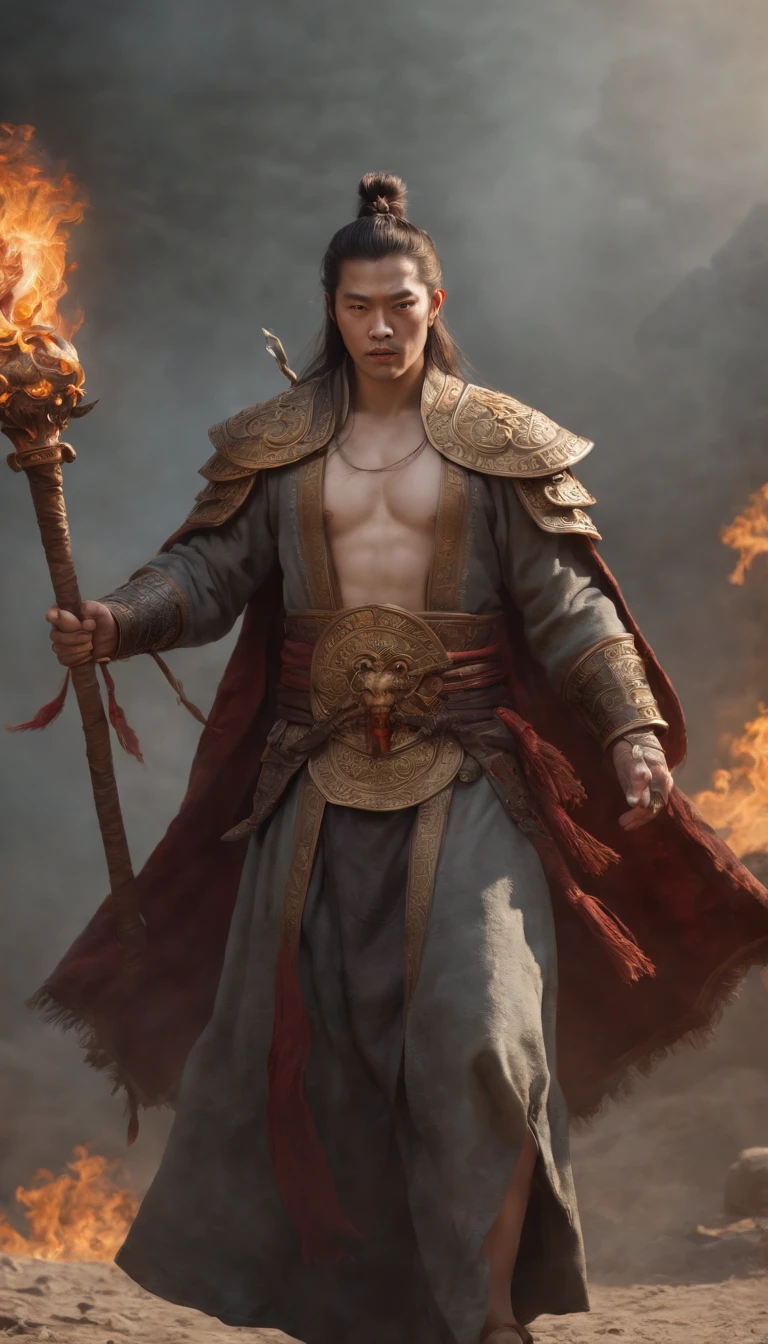 Candlelight in a medieval setting, super sharp focus, realistic lens, Medieval women's clothing, Four colors(Scar:1.4), ((best qualtiy, tmasterpiece:, 1.3)), Focus:1.2, perfect bodies, Highly detailed facial and skin texture, A detailed eye, (Open-mouthed:1.3), Official art under a blue sky, (Ultra-detailed CG unified 8K wallpaper), Stand in the sky, Pure background, 1 man,A man with 3 heads and 6 arms，Ancient Chinese mythological figures，wearing ancient Chinese armor， ((face))), Young and handsome face, HD face, [(The facial details are frightening:1.2):0.2]:full bodyesbian, standing on your feet, Slaughtered fangs, horror fantasy art, author:Alexi Bricklot, horror concept art, Angry King Ming, Be strong and brave, Canine teeth exposed, Hair stands on end, 6 arms, He had a trident in his hand, Respectively, The sword, pestle, the bow, arrow, hand seal, Each foot is stepped underneath, The silhouette of the body is on fire, Hot, Light, an ultrafine detailed painting, Realiy, photorealestic, professional photoshooting, tmasterpiece, 超高分辨率, without a beard, nice hand, Good feet, Vajra Lux, King Ming, (Three-eyed god Yang Jian mythical character), (Three heads and six arms)(Yang Jian has three heads and six arms), Solo, Swarzenegger's muscles, Ancient Chinese armor,  Fangs grow in the mouth, Zombie teeth, theelementoffire, The fire roared behind him, Hellfire, asura from chinese myth, firemage, by Yang J, holy fire spell art, com um rosto quadrado, oguchi, Strong muscles, Light and shadow tracking, Super HD, theelementoffire, asura from chinese myth, by Yang J, holy fire spell art, (Photorealistic:1.4), 8K, (Masterpiece), (Best quality:1.2)