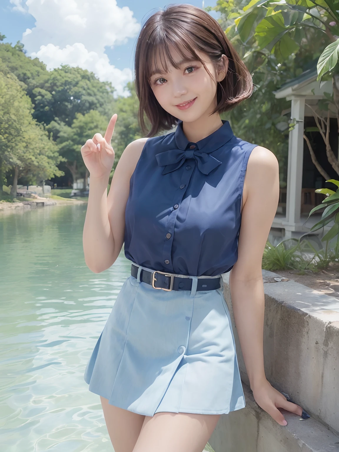 (dynamicposes:1.4), (dynamic ungle:1.4), Romper (细致背景:1.4)、hyper detailed background、(Floating light blue clouds:1.4)、(Floating blue flowers:1.4)、 Romper (perfect anatomia、perfect hand:1.4)、(Perfect five fingers:1.4)、(Perfect 4 long fingers and perfect short thumb:1.4)、(Thumb shorter than the other 4 fingers:1.4)、(Perfect two arms:1.4)、(Perfect two legs:1.4)、((top-quality、8K、​masterpiece:1.3))、1girl in、A smile、full body Esbian、Slim Faces、Pretty women、(dark brown  hair)、hyperdetailed face、A detailed eye、二重まぶた、blured background、Slim Faces、Cute、extremely delicate and beautiful girl、Happy smiling face、Overall、ultra-detailliert、4K、masutepiece、small mouth、Colossal tits、bura、Underpants、a short skirt,high waist skirt,high-necked,Sleeveless,bob cuts,long boots,ultra-detailliert, 4K, masutepiece,Smile,small mouth,white  shirt、Skirts that show the body line、low angles、White sweater、((Pull up your skirt))、