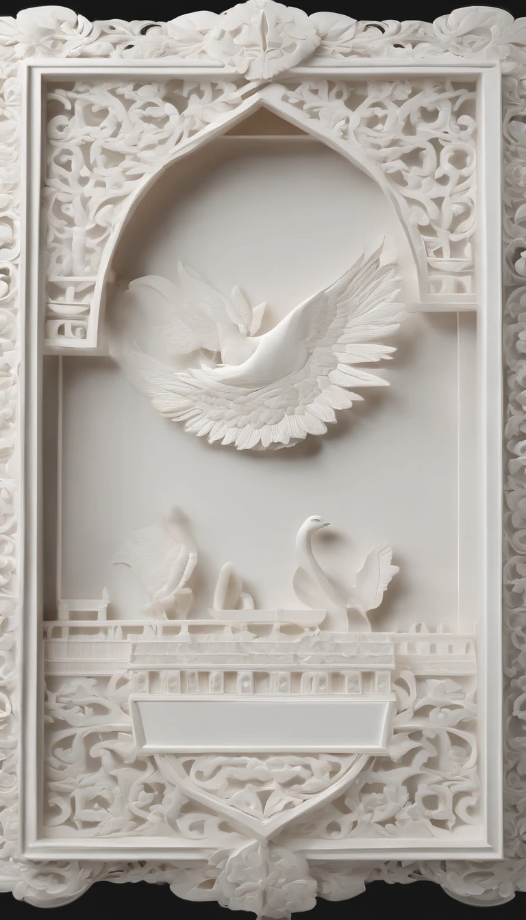 3D white frame, relief rounded frame, no object on the center of the frame, blank frame content, meticulously carved, white ivory carving, minimalistic, white spaces, javanese illustration on circled blank backgound, pastel, javanese style, blank background, multidimensional paper fog crafts, paper illustration, portrait angle view, surabaya, 8k,chick, elegant, satisfying, forrestrial, high resolution, 8k