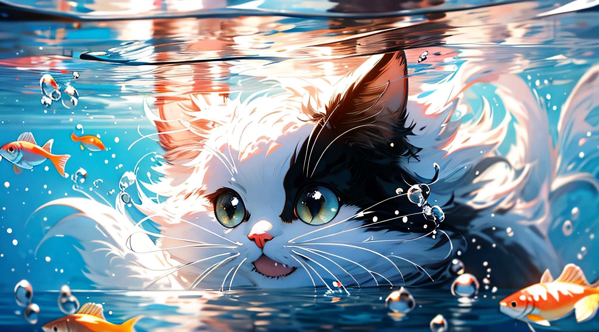 There is a cat that is swimming in the water with its mouth open, ADorable pintura Digital, expressing joy. por Krenz Cushart, liquid cat, LinDo arte Digital DetallaDo, Ross Tran 8 K, Ross Tran y Studio Ghibli, Ross Tran y Wlop, Un gato nadando en el agua, WLOP y ROSS Tran, Estilo Ross Tran, por Ross Tran