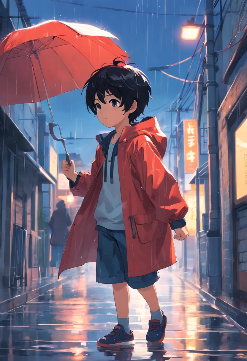 A , black hair, adorable, cute, raincoat outfit, hooded raincoat, animal raincoat, playing with rainwater, red