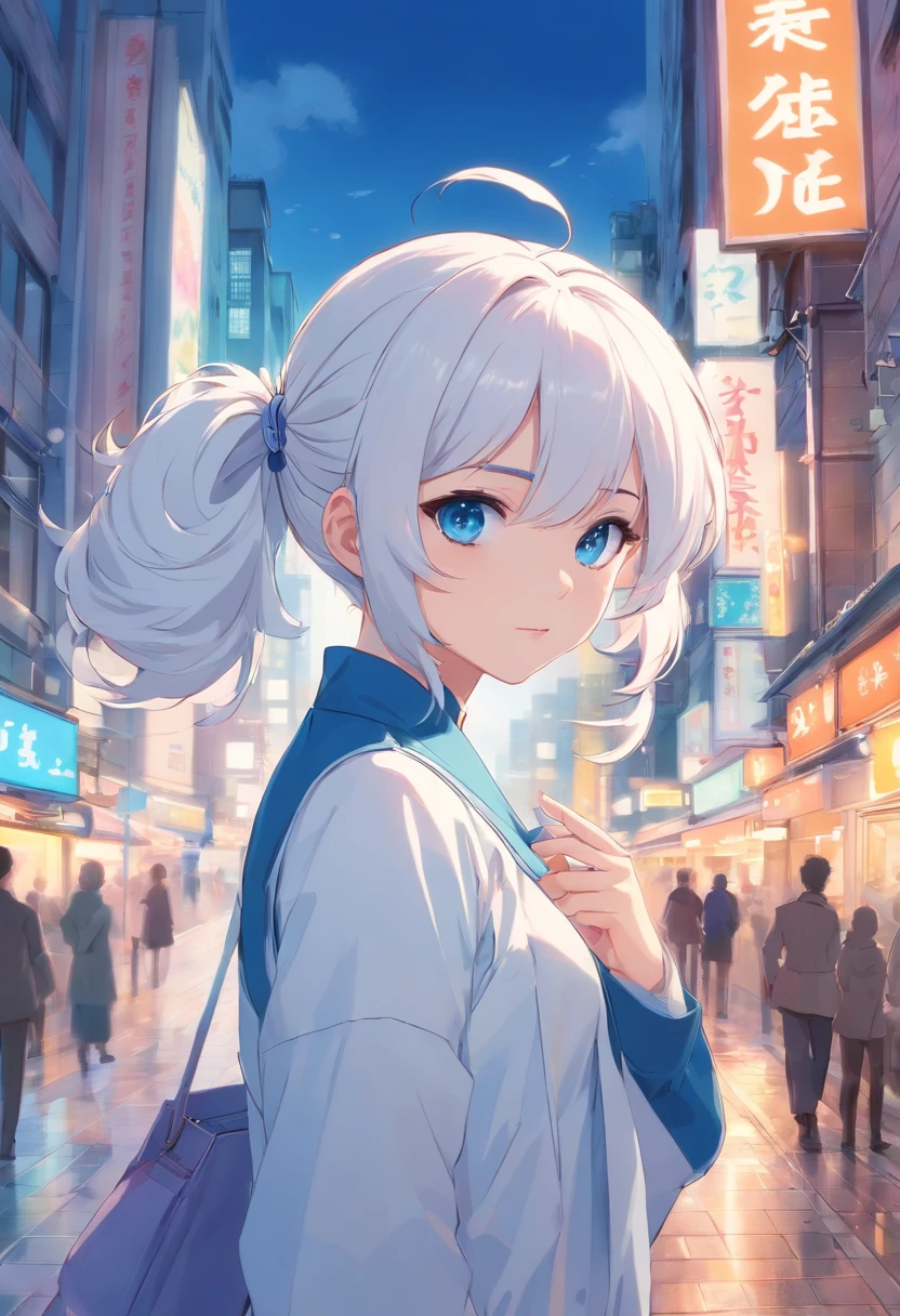 white color hair,double ponytail curls,blue color eyes,White Lolita,Beth,busy cityscape