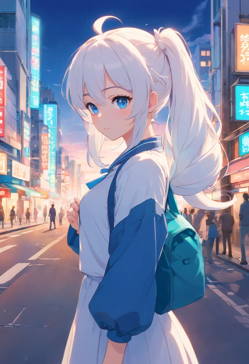 white color hair,double ponytail curls,blue color eyes,White Lolita,Beth,busy cityscape