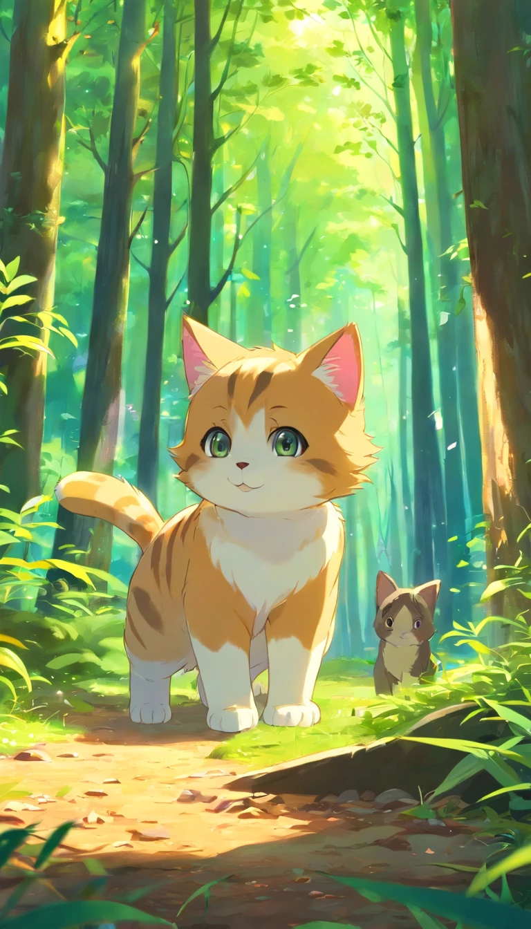 **[cutecore, Tiny cores, Natural core] cute little cat, forest, Playing, Looks fun, Pixar style eyes