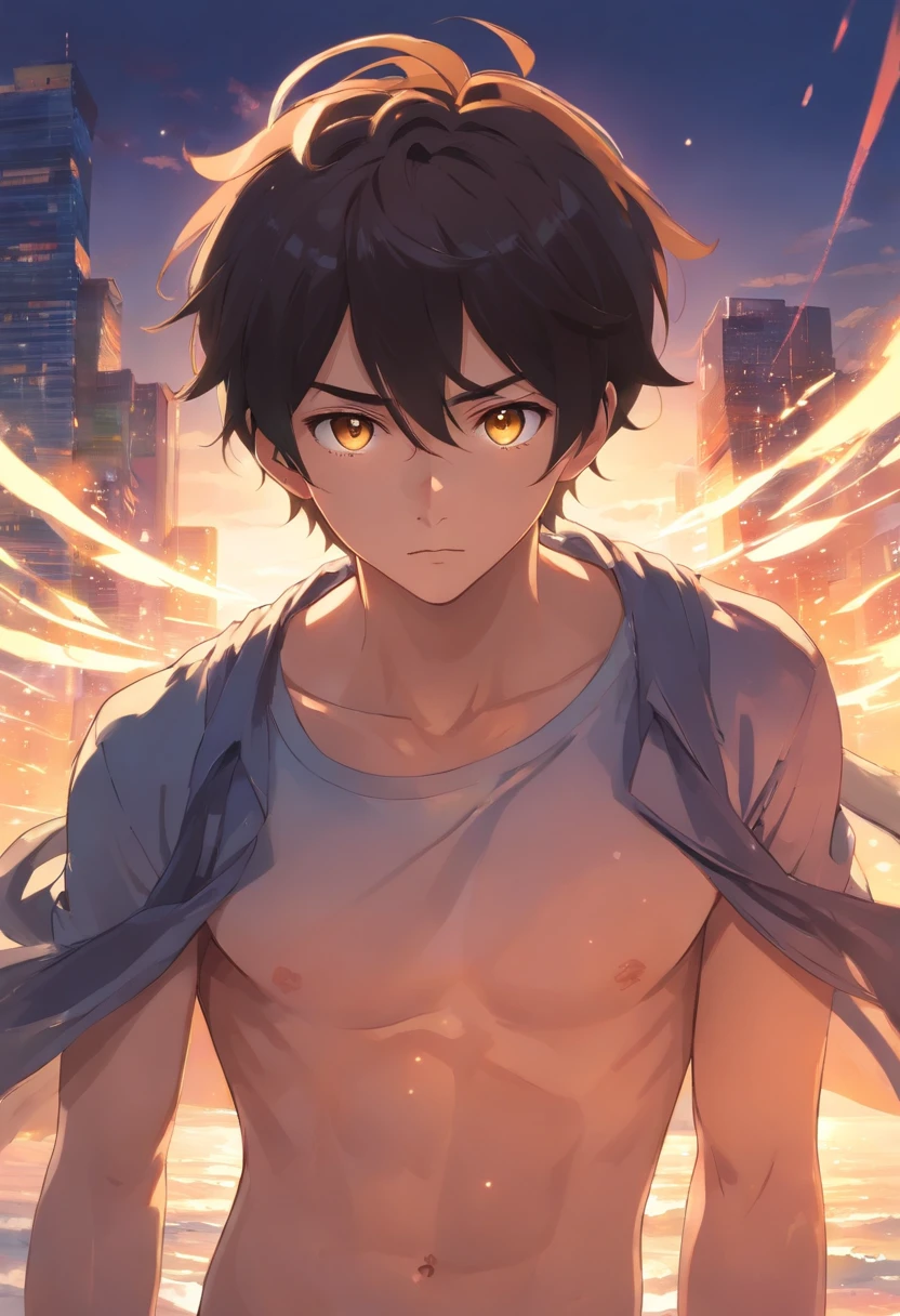 young man with dark hair and bright golden eyes, There is ugliness in beauty, But there is also beauty in ugliness, In the style of Adrian Ghenie, Esao Adrews, Jenny Saville, Edward Hopper, surrealism, Dark Art par James Jean, Takato Yamato, Minimalism inkpunk,shirtless,full body