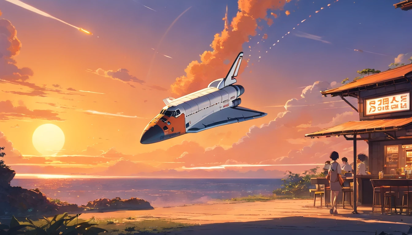 a smoking orange white space shuttle landing on a planet at sunset near a tavern