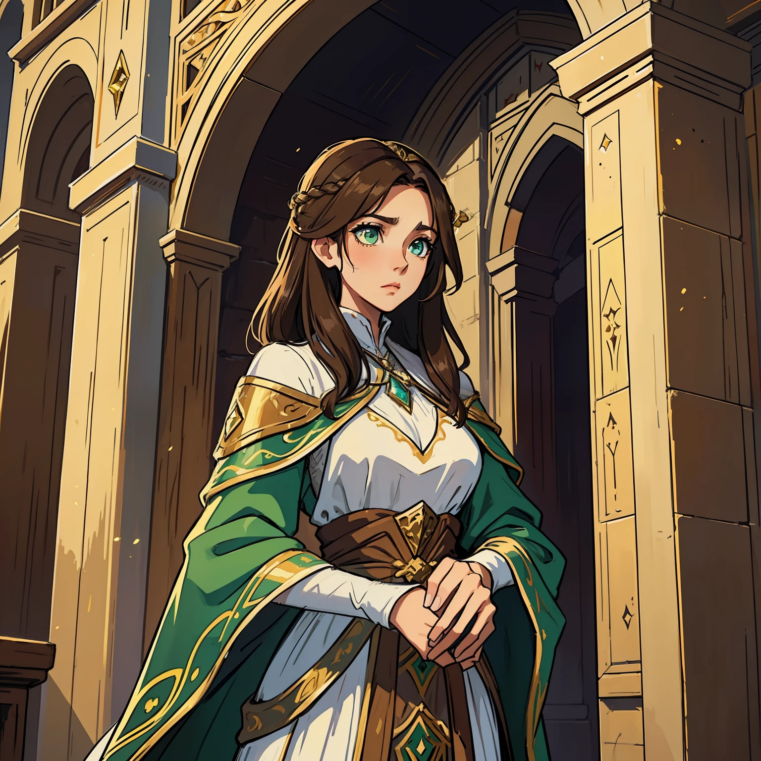 A beautiful sexy woman with green eyes and brown hair is a sorceress Wizard dressed in white and gold robes Noble robes A princess of magic and a sad look. A background with a dramatic wooden wall An art for an RPG A medieval art for an RPG (obra prima) ((Detailed strokes))