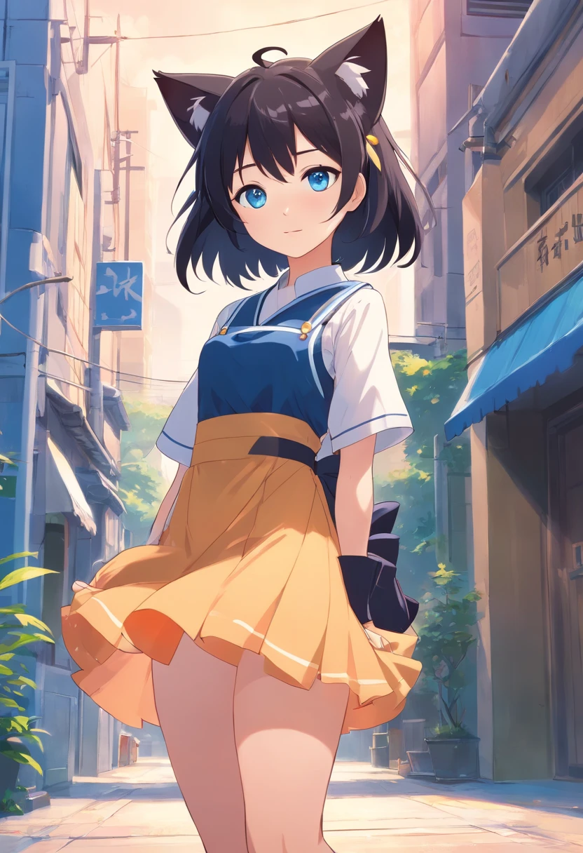 Anime girl with black hair and blue eyes posing in front of a building, beautiful anime catgirl, cute anime catgirl, attractive cat girl, Very Beautiful Anime Cat Girl, anime catgirl, Anime girl with cat ears, anime cat girl in a maid costume, Seductive Anime Girl, kawacy, anime moe art style, loli in dress, beautiful young catgirl