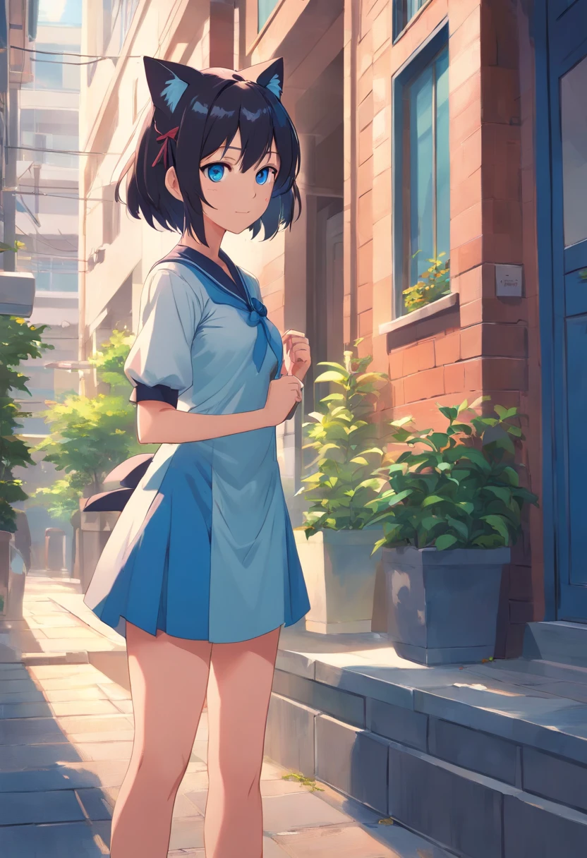 Anime girl with black hair and blue eyes posing in front of a building, beautiful anime catgirl, cute anime catgirl, attractive cat girl, Very Beautiful Anime Cat Girl, anime catgirl, Anime girl with cat ears, anime cat girl in a maid costume, Seductive Anime Girl, kawacy, anime moe art style, in dress, beautiful young catgirl