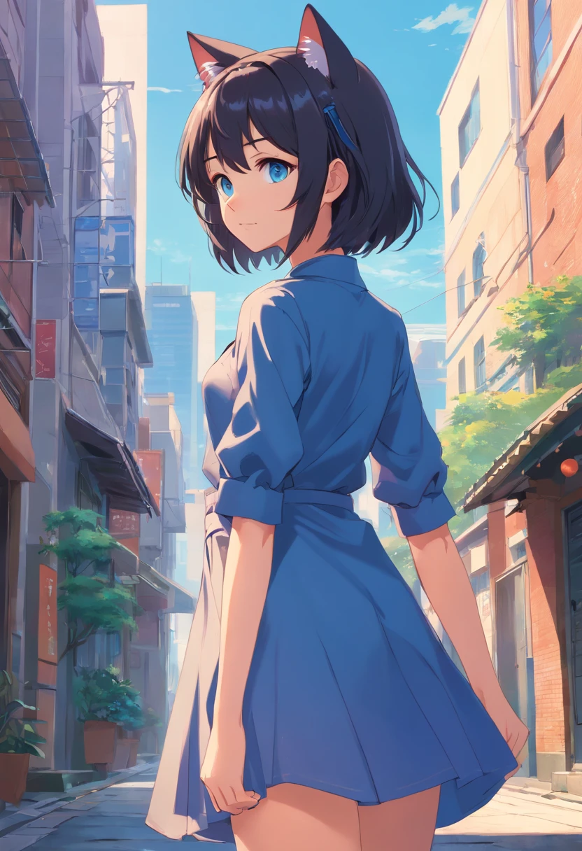 Anime girl with black hair and blue eyes posing in front of a building, beautiful anime catgirl, cute anime catgirl, attractive cat girl, Very Beautiful Anime Cat Girl, anime catgirl, Anime girl with cat ears, anime cat girl in a maid costume, Seductive Anime Girl, kawacy, anime moe art style, loli in dress, beautiful young catgirl