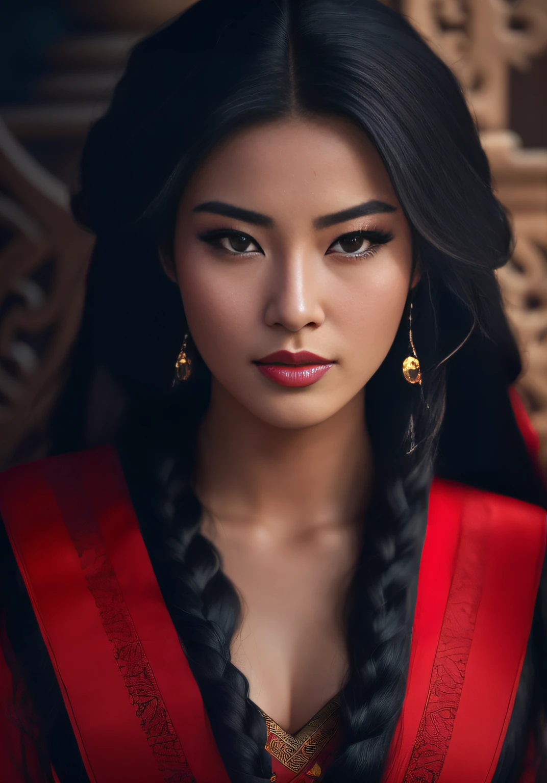 Arafed woman with long black hair in a red dress, beautiful oriental woman, photo of a beautiful woman, portrait shot, gorgeous woman, soft portrait shot 8 k, Gorgeous beautiful woman, Middle Eastern Skin, portrait shot 8 k, beautiful arab woman, stunning portrait, close up portrait shot, Portrait of Mulan, Young woman as Genghis Khan, Arabian beauty