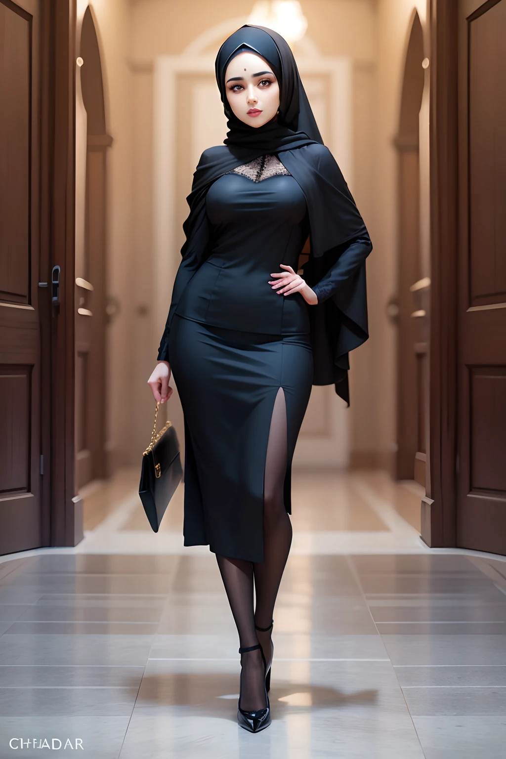 RAW, Best quality, high resolution, masterpiece: 1.3), 1 beautiful women wearing transparent dress,wearing leather jacket, 20 years old, perfect fit body, full body, half naked, wearing satin hijab, mermaid tight long dress, flowy dramatic long dress,very long flor length dress,
 carry a bag, walk in coridor, wear high heels, masterpice, hyper realistic, modern hijab, Excellent lighting, Bright colors, Clean lines