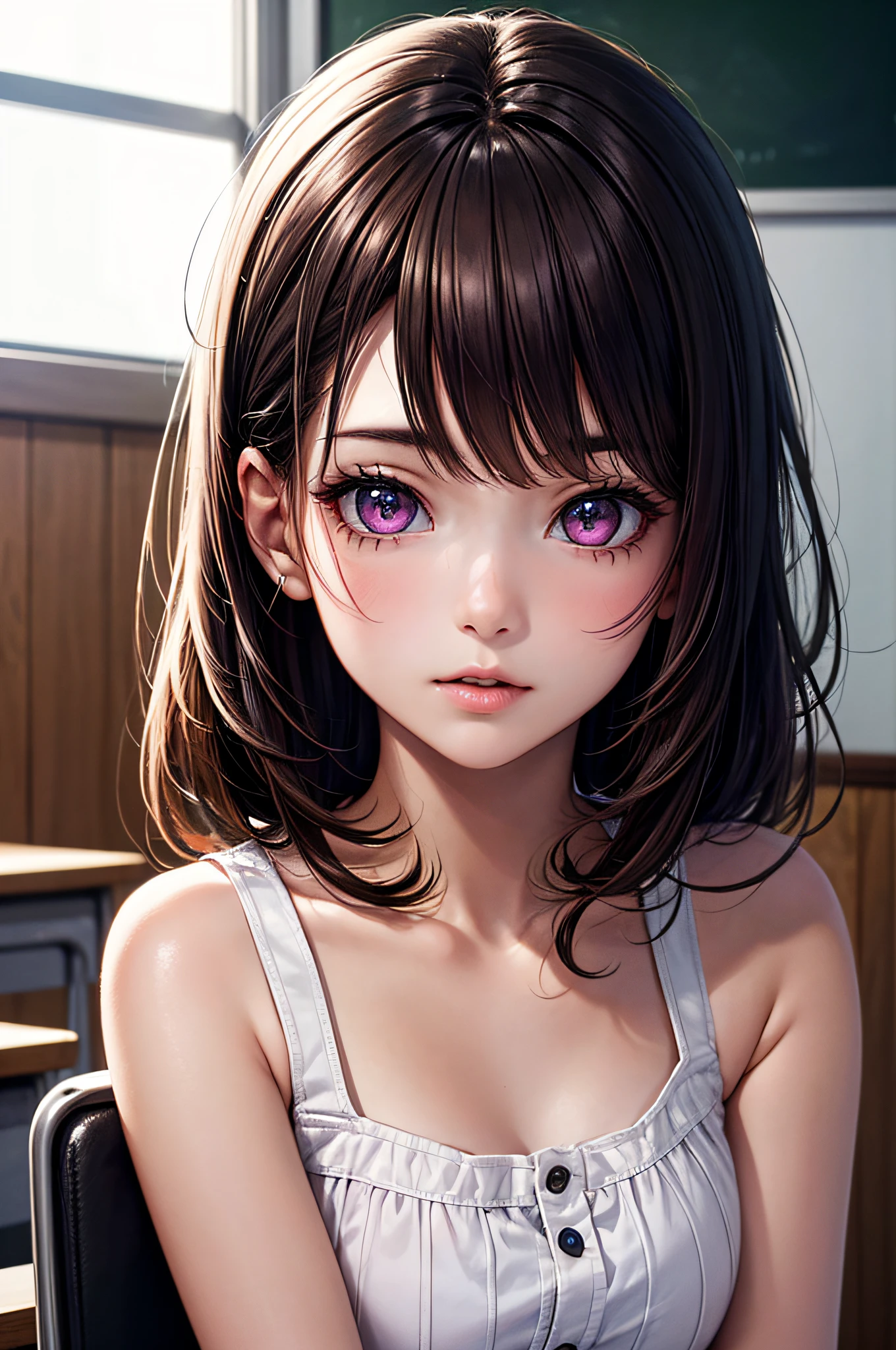 ((1girl in)), ((Best Quality)), (Ultra-detailed), (extremely detailed CG unified 8k wallpaper), Highly detailed, High-definition raw color photos, Professional Photography, Brown hair, Amazing face and eyes, Pink eyes, (amazingly beautiful girl), School, classroom,