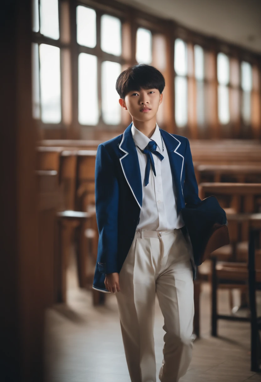 Chinese high school student，Wear a blue and white school uniform。The crotch is protruding，Put your hands in your pockets，Young and energetic，Short hair，Chinese boy